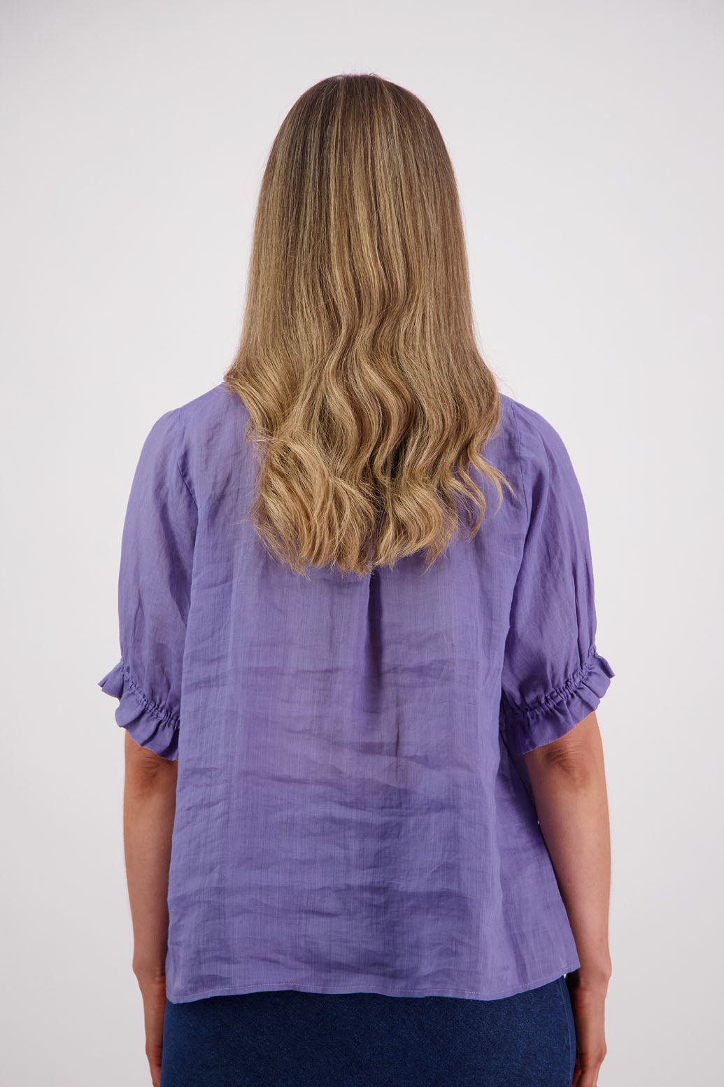 Womens Ramie Classic Short sleeves shirt with ruffles. Briarwood NZ. Pearly - Lavender