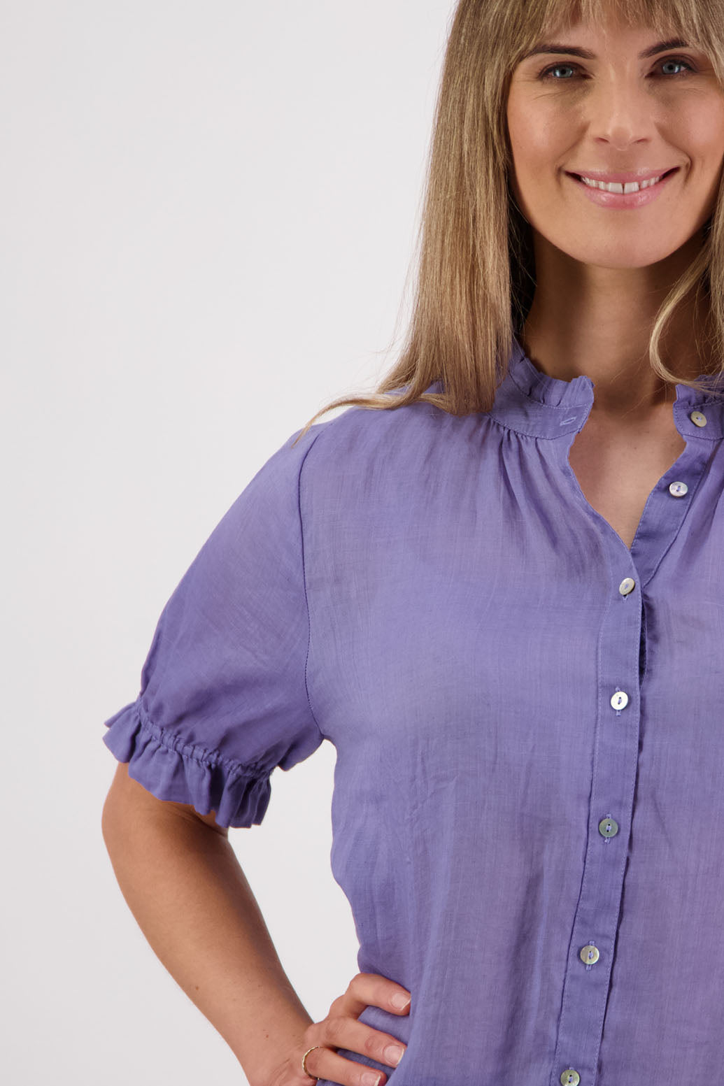 Womens Ramie Classic Short sleeves shirt with ruffles. Briarwood NZ. Pearly - Lavender