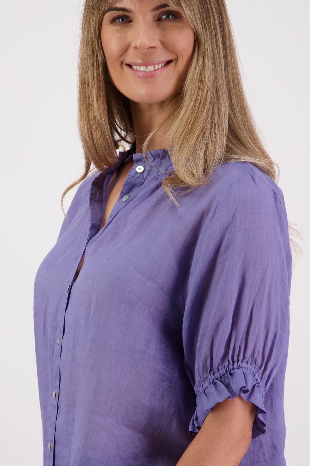 Womens Ramie Classic Short sleeves shirt with ruffles. Briarwood NZ. Pearly - Lavender