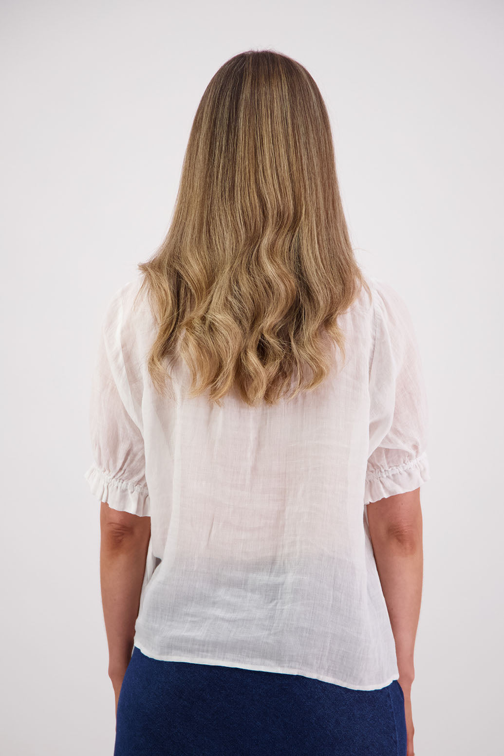 Womens Ramie Classic Short sleeves shirt with ruffles. Briarwood NZ. Pearly - White