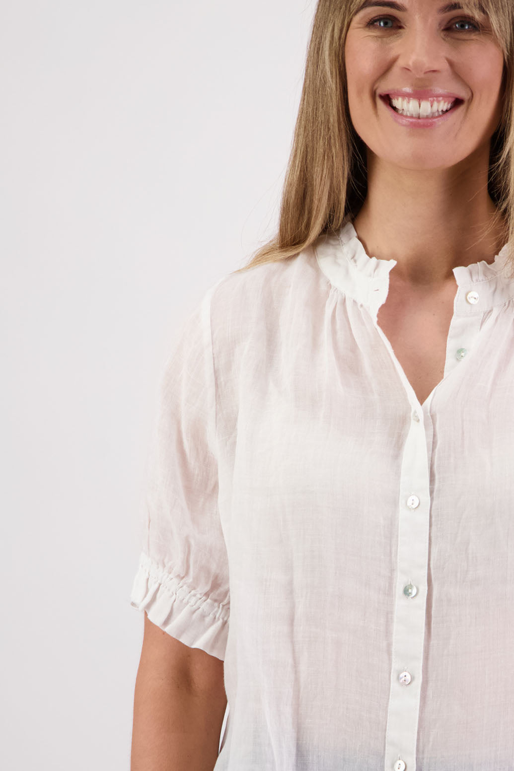Womens Ramie Classic Short sleeves shirt with ruffles. Briarwood NZ. Pearly - White