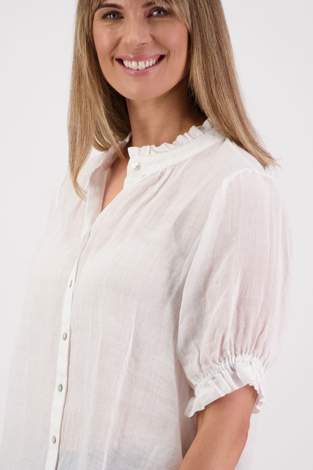 Womens Ramie Classic Short sleeves shirt with ruffles. Briarwood NZ. Pearly - White