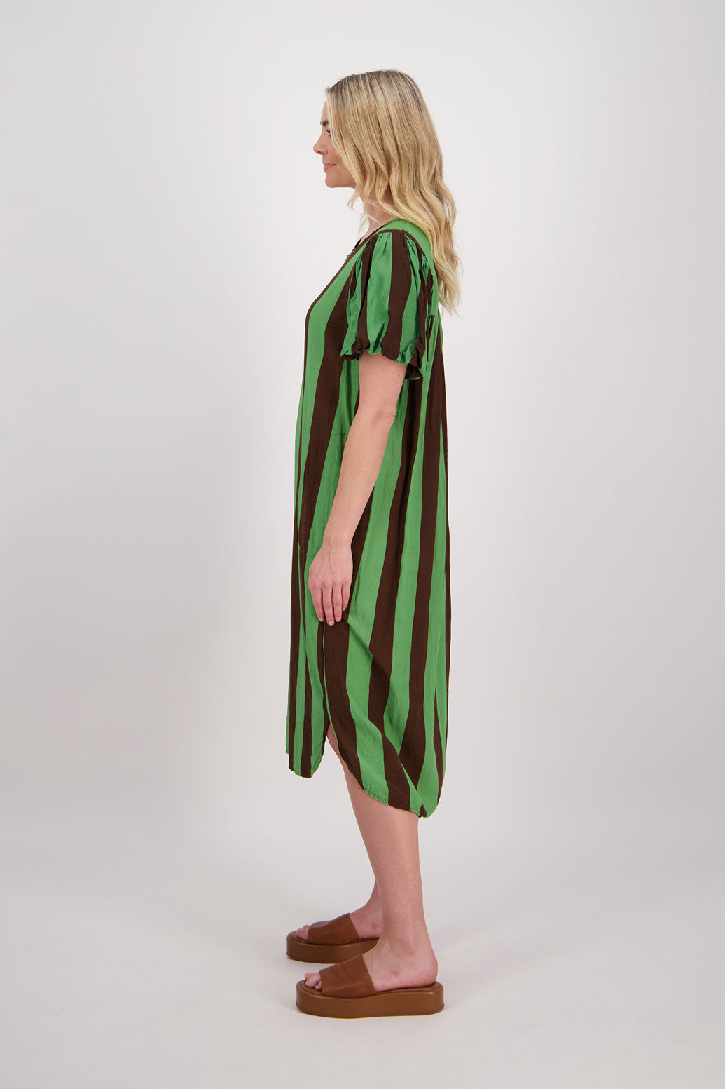Petra Puff Sleeve Mid Dress with Pockets - Chocolate/Green Stripe