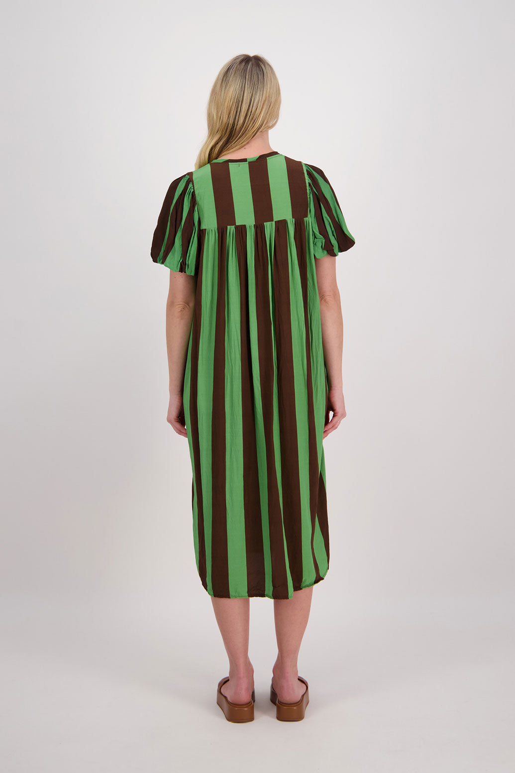 Petra Puff Sleeve Mid Dress with Pockets - Chocolate/Green Stripe