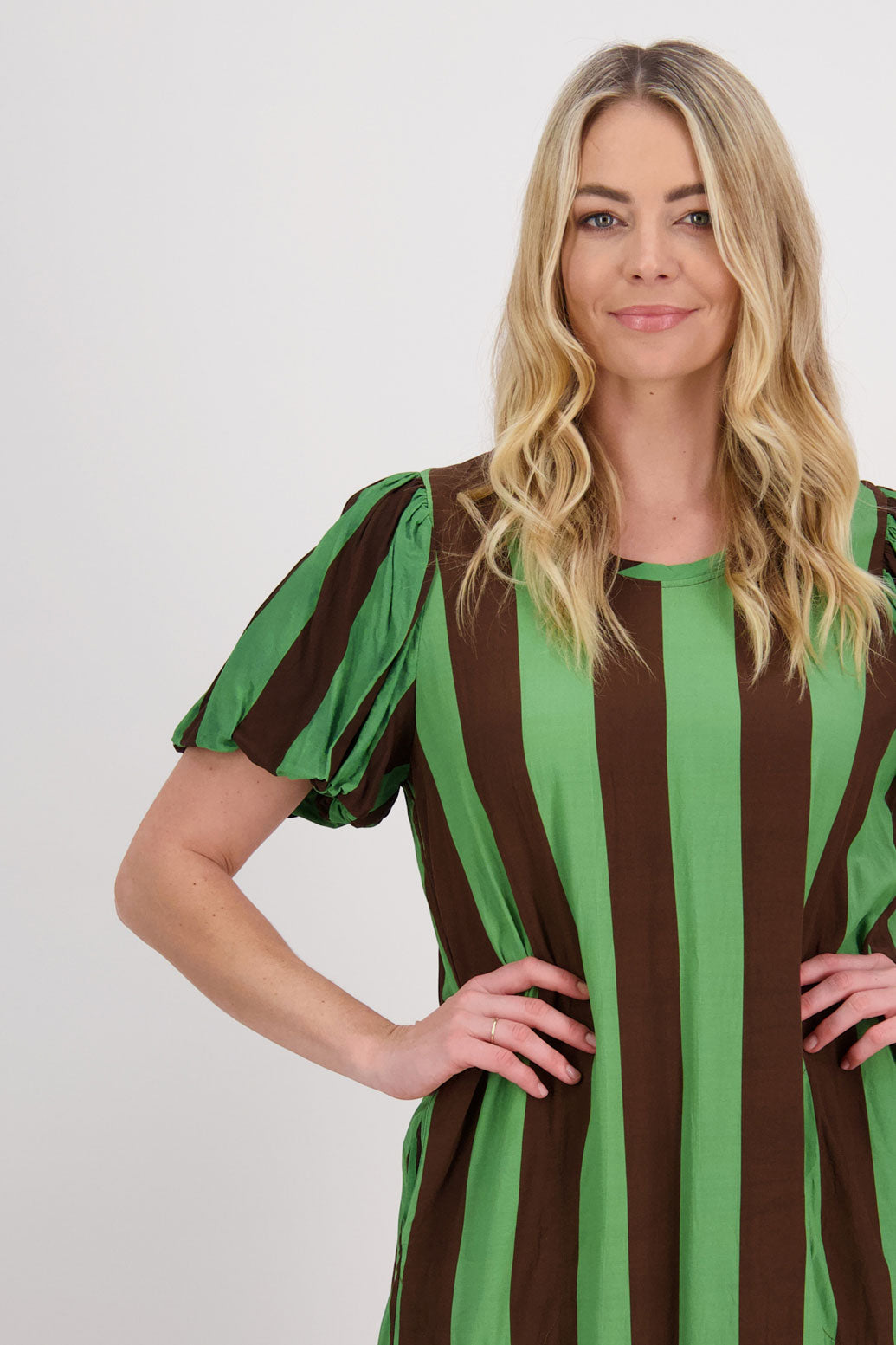 Petra Puff Sleeve Mid Dress with Pockets - Chocolate/Green Stripe