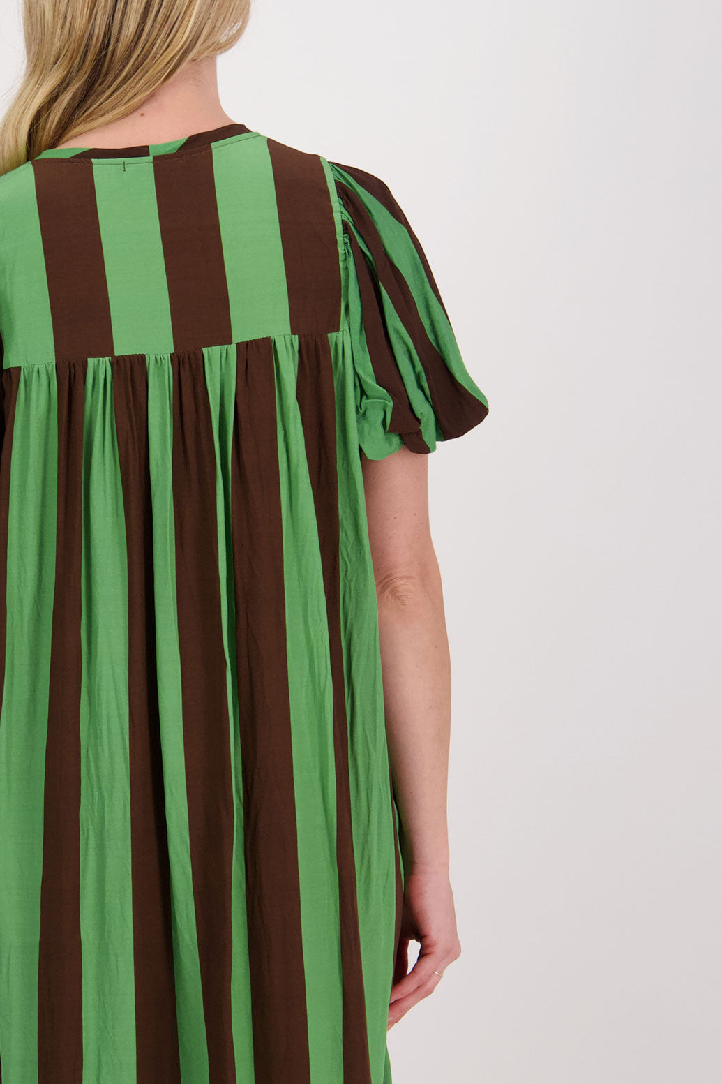 Petra Puff Sleeve Mid Dress with Pockets - Chocolate/Green Stripe