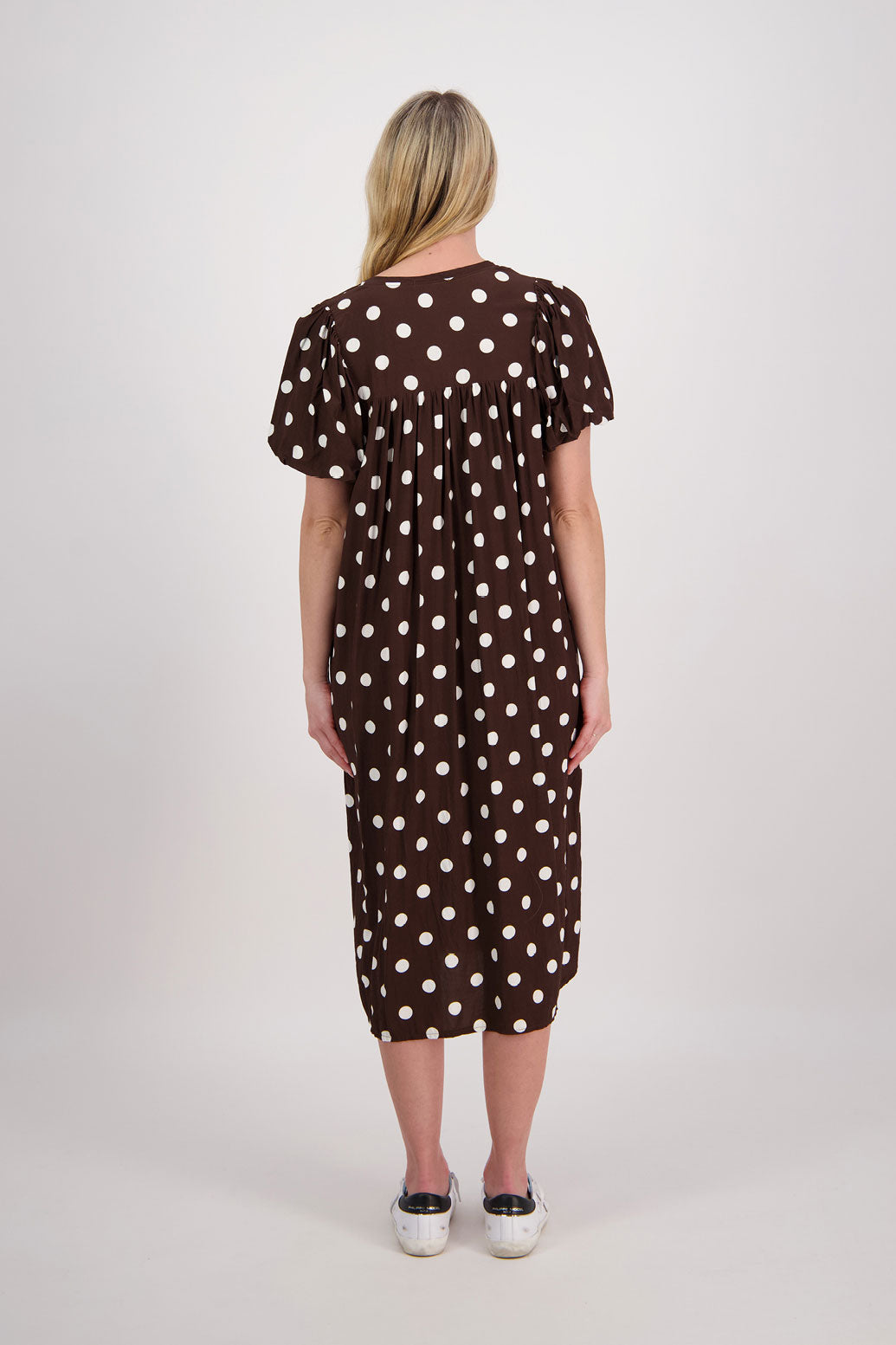 Petra Puff Sleeve Mid Dress with Pockets - Chocolate Spot