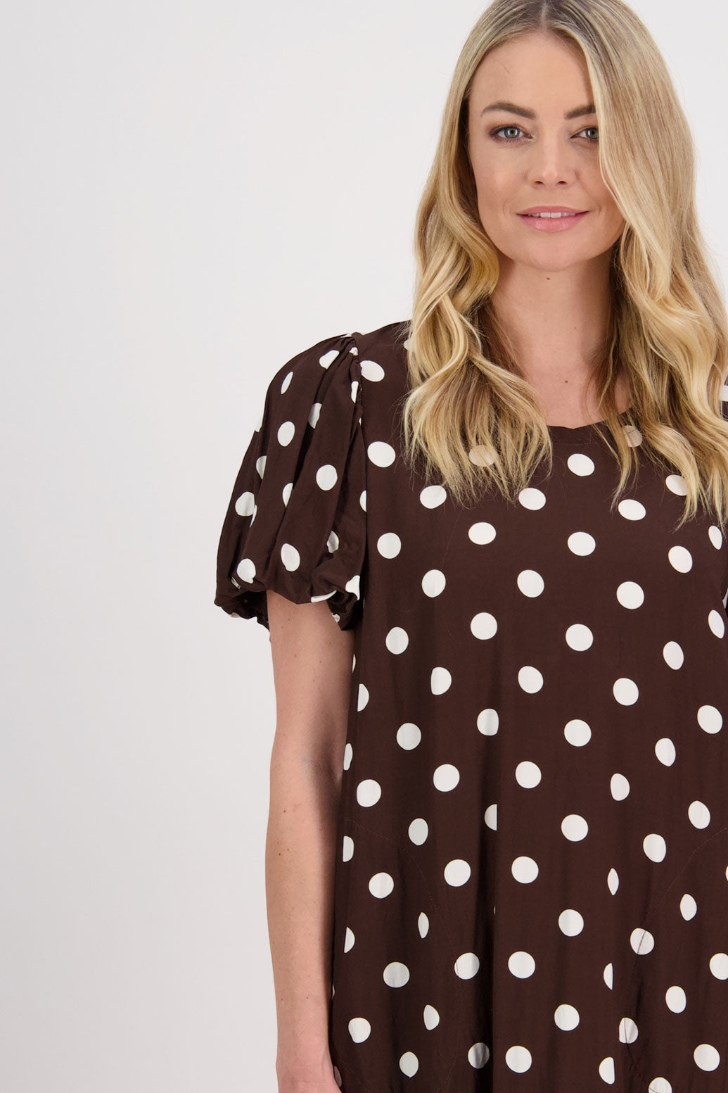 Petra Puff Sleeve Mid Dress with Pockets - Chocolate Spot