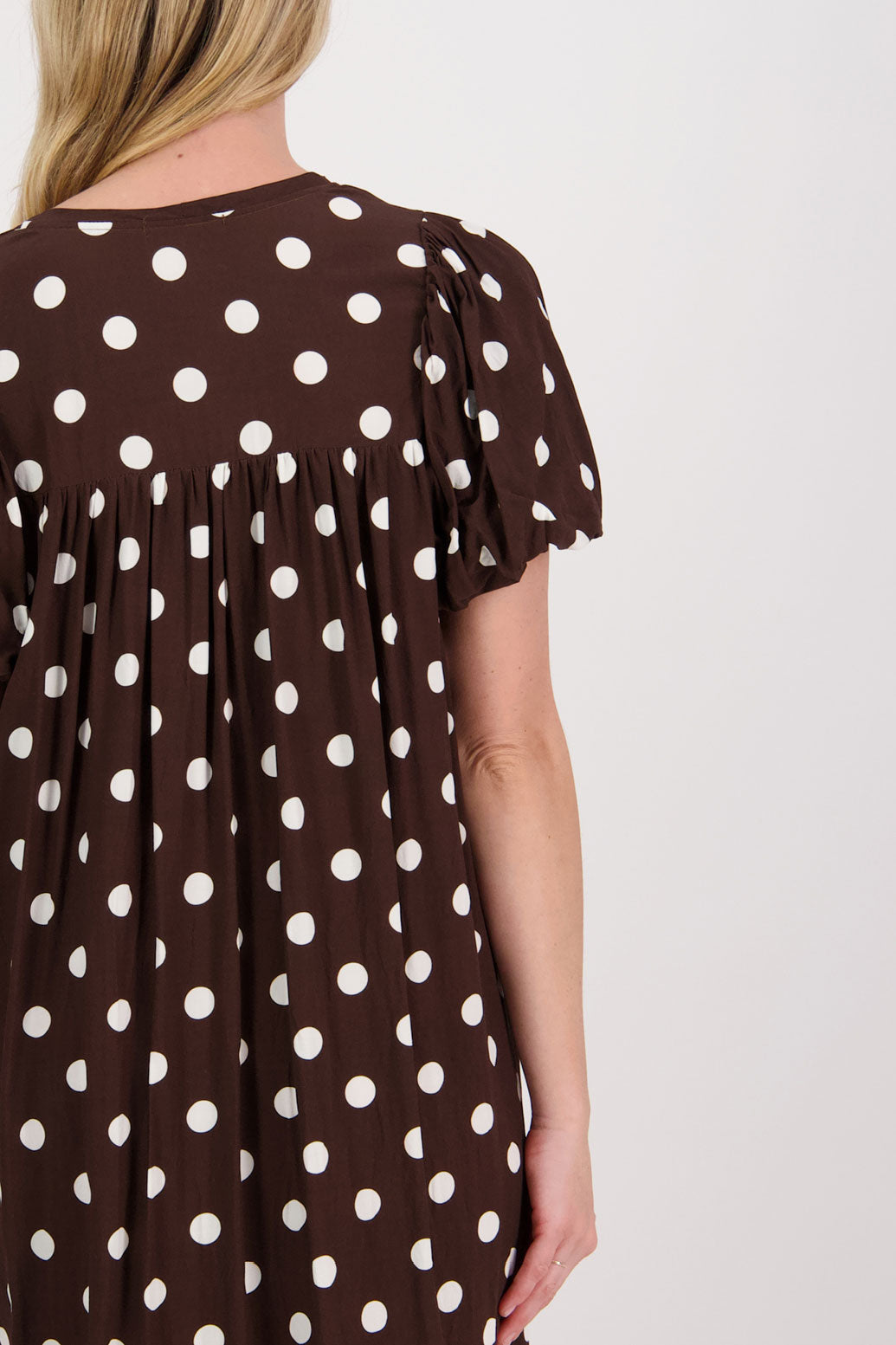 Petra Puff Sleeve Mid Dress with Pockets - Chocolate Spot