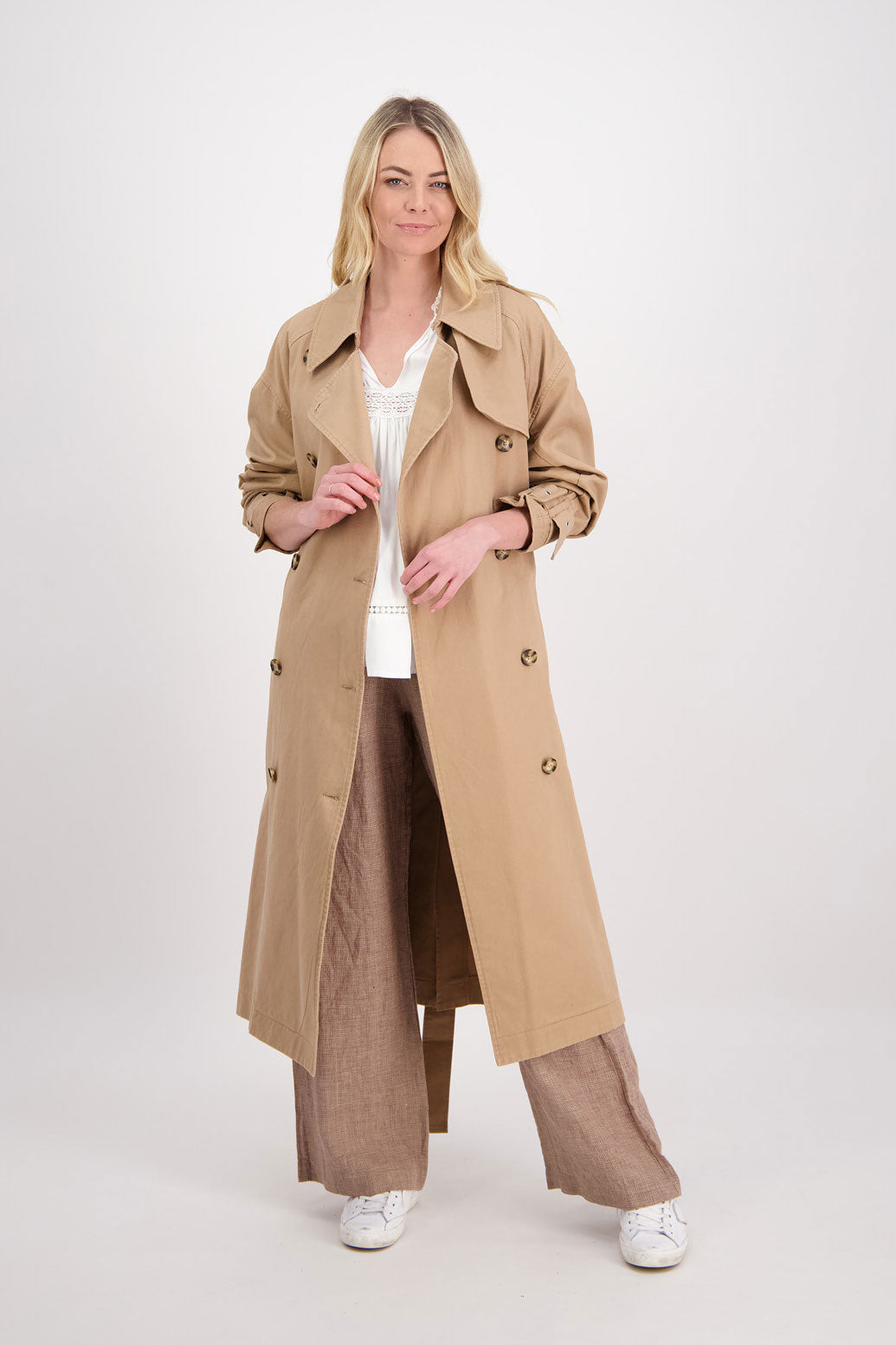 Phoebe Womens Camel Trench Coat. Oversized Collar, Washed Canvas and High Back Split with Tie Wasit