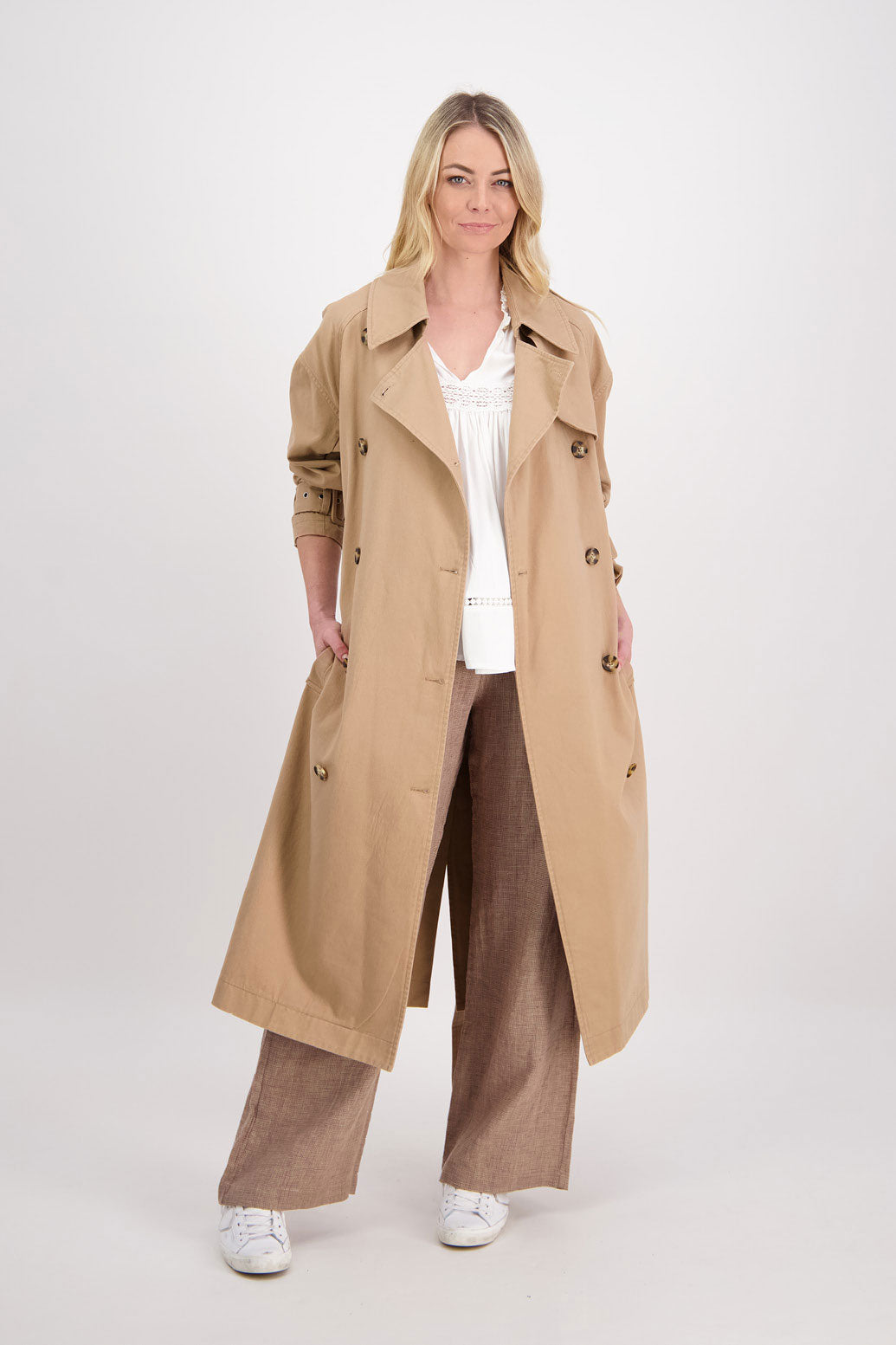 Phoebe Womens Camel Trench Coat. Oversized Collar, Washed Canvas and High Back Split with Tie Wasit