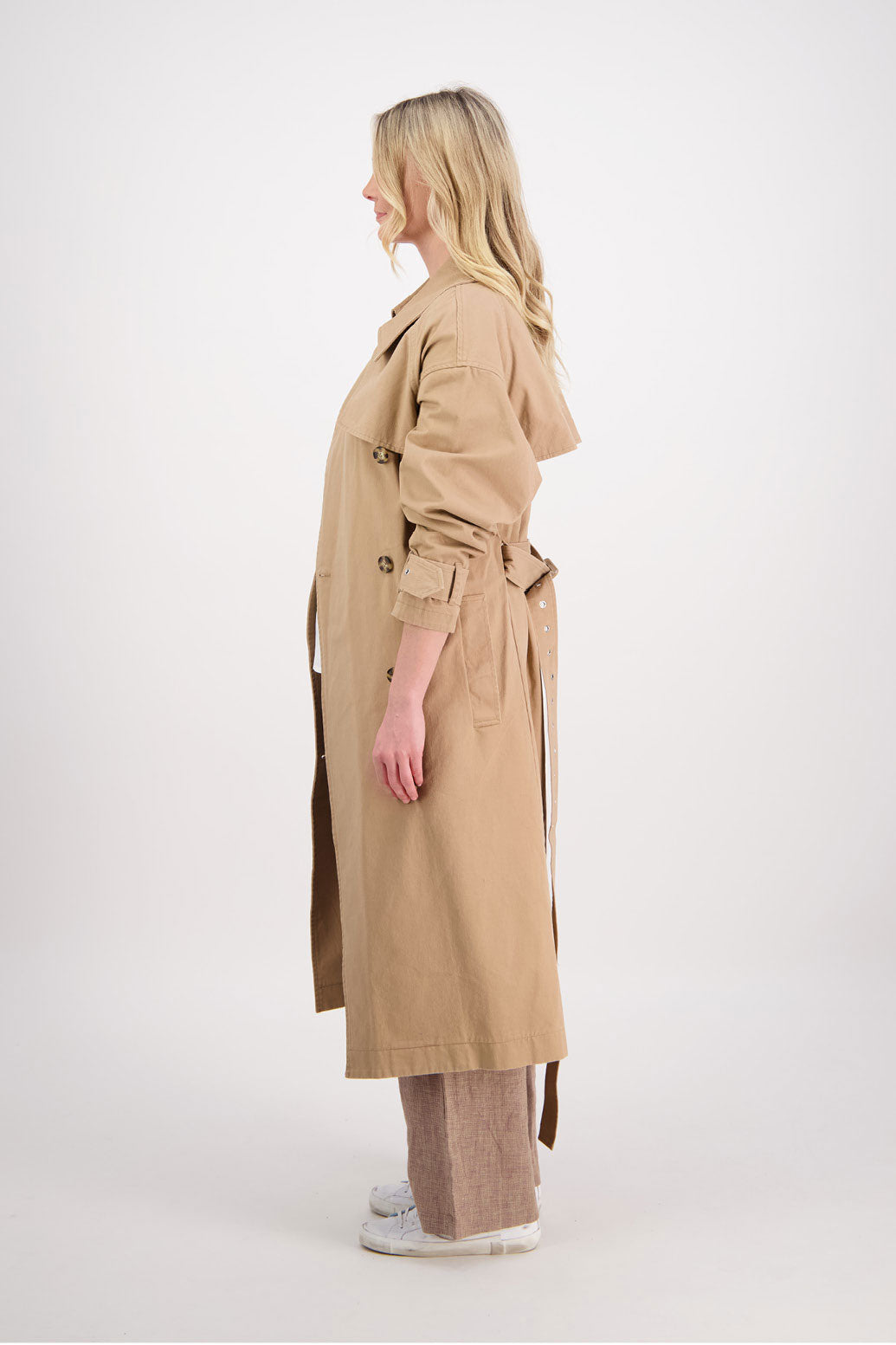 Phoebe Womens Camel Trench Coat. Oversized Collar, Washed Canvas and High Back Split with Tie Wasit
