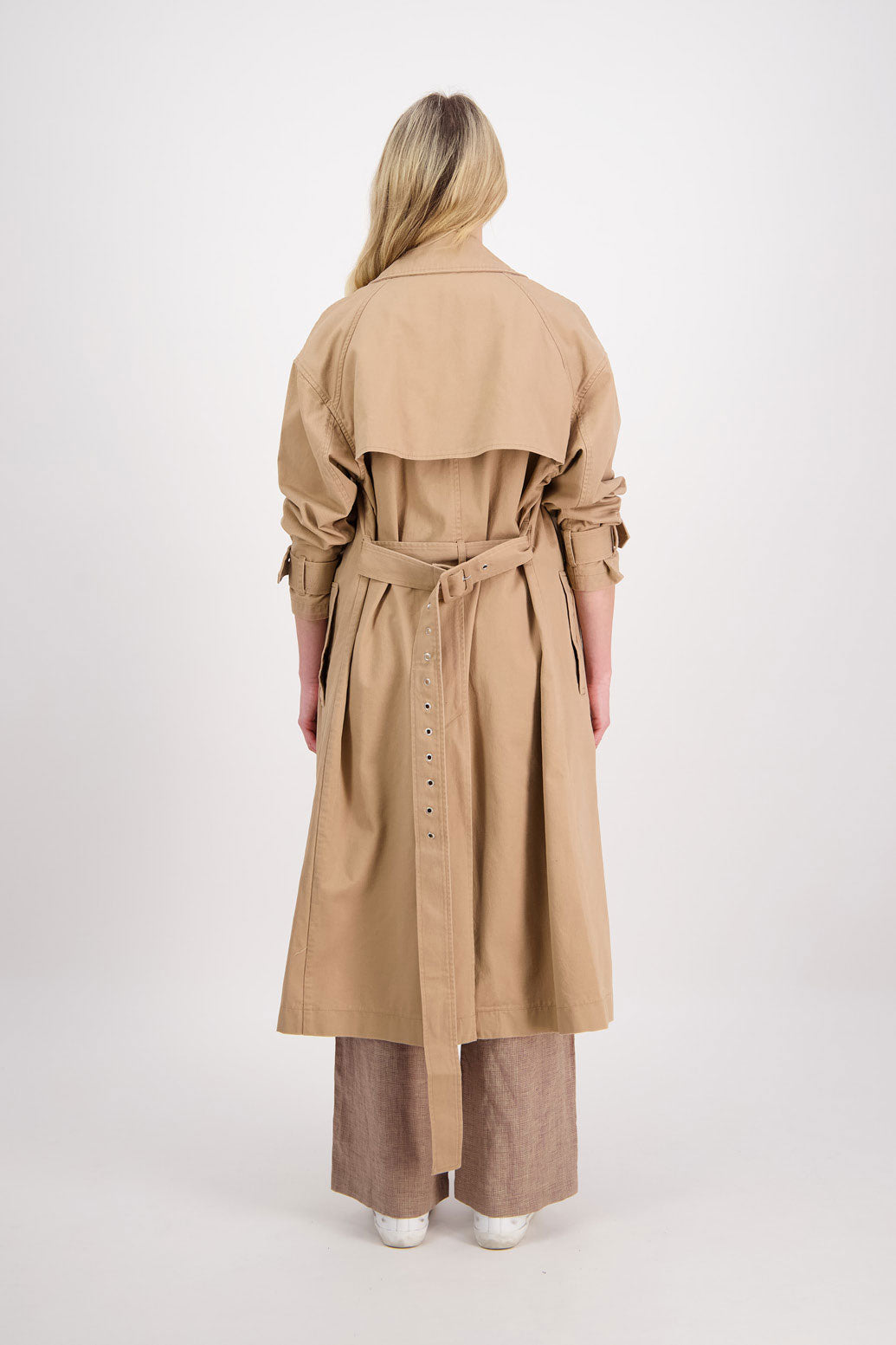 Phoebe Womens Camel Trench Coat. Oversized Collar, Washed Canvas and High Back Split with Tie Wasit