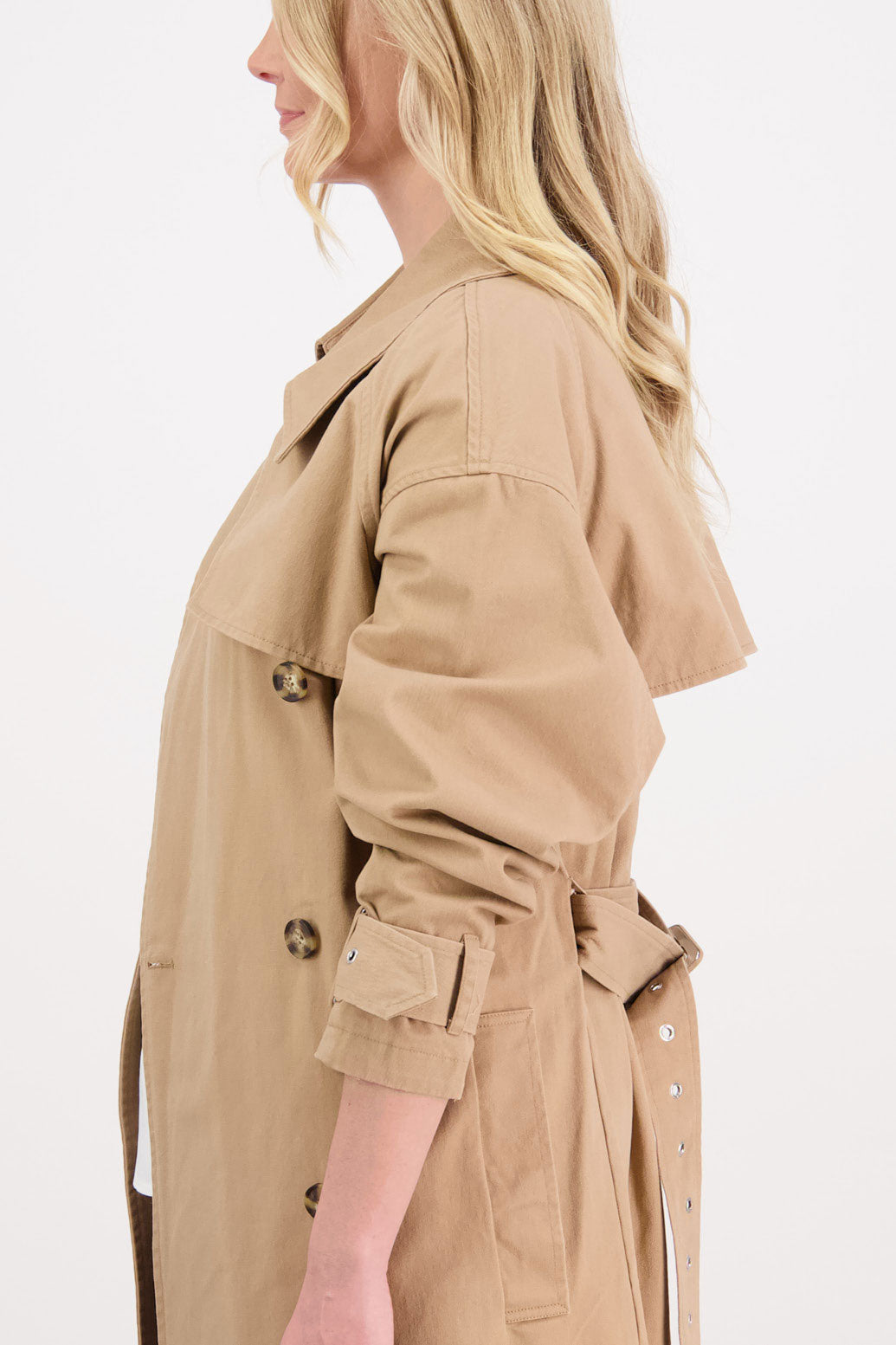 Phoebe Womens Camel Trench Coat. Oversized Collar, Washed Canvas and High Back Split with Tie Wasit