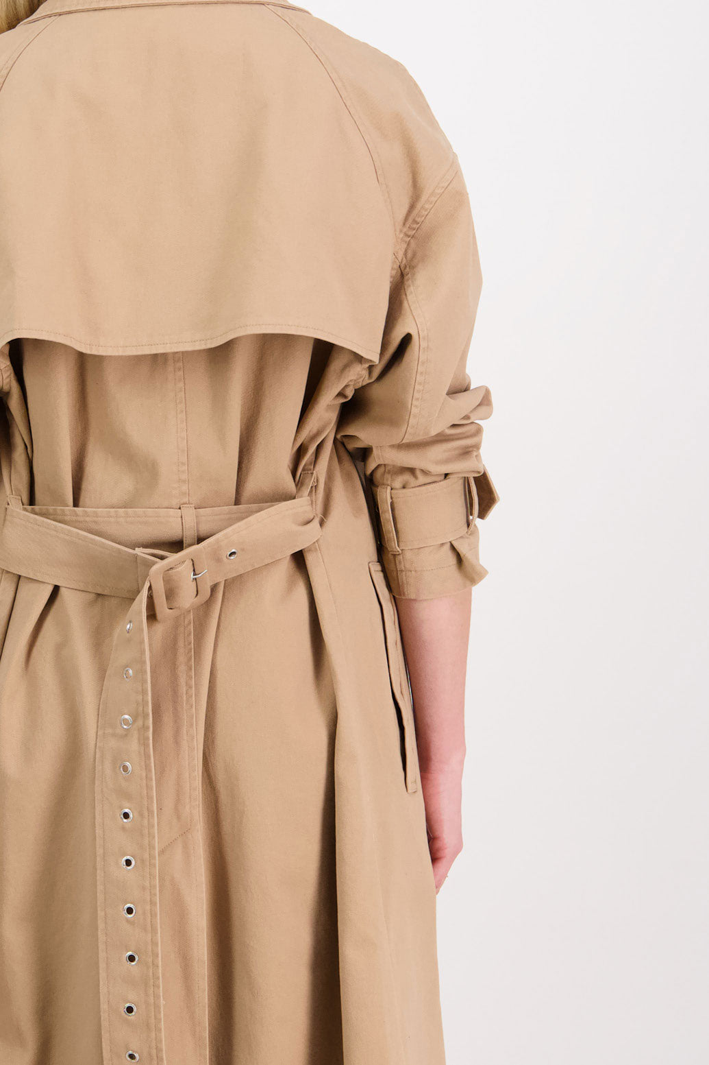 Phoebe Womens Camel Trench Coat. Oversized Collar, Washed Canvas and High Back Split with Tie Wasit