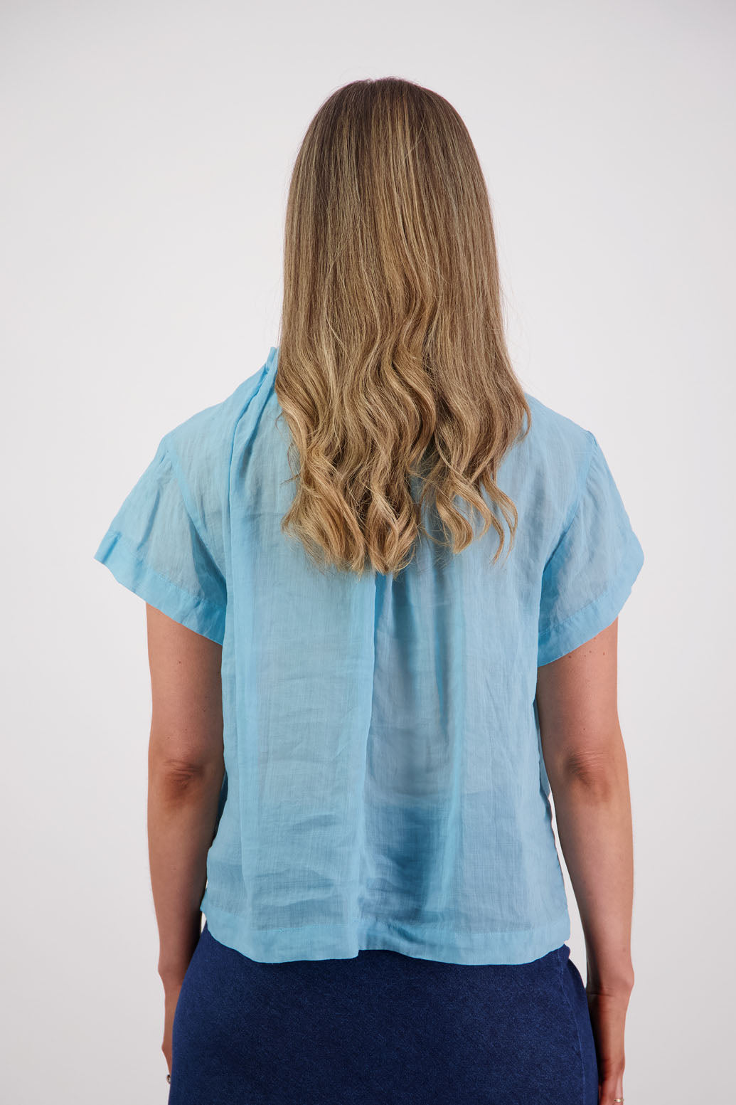 Women's Short Sleeve Top with Pleated Neck. Briarwood NZ. Pia, Aqua