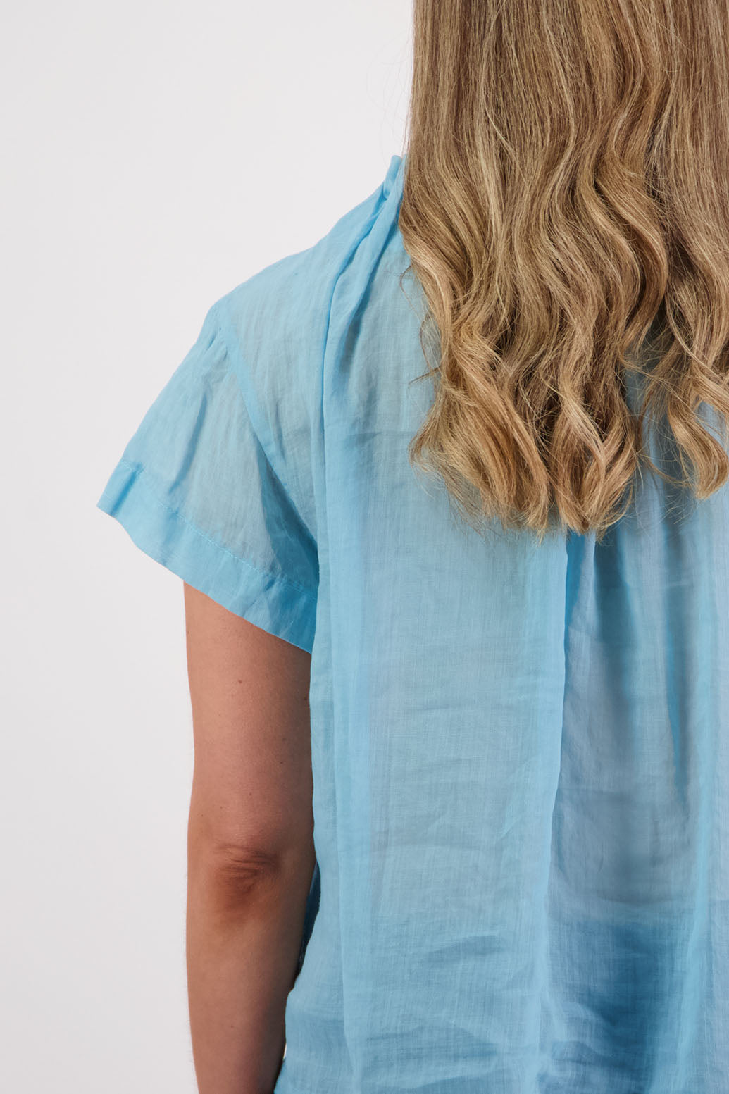 Women's Short Sleeve Top with Pleated Neck. Briarwood NZ. Pia, Aqua