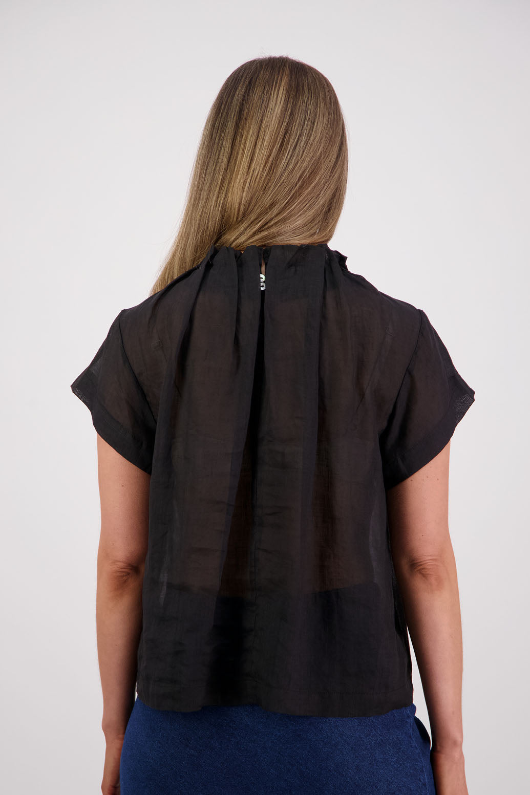 Briarwood NZ, Women's Short Sleeve Ramie Black Top with Pleated Neck