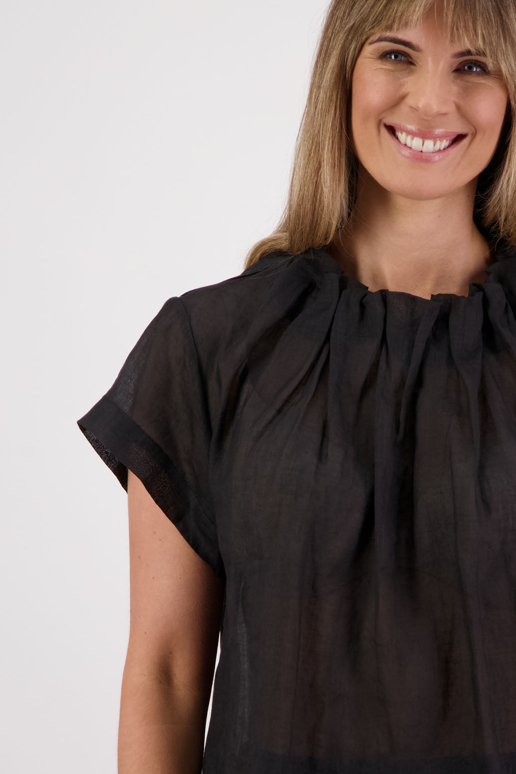Briarwood NZ, Women's Short Sleeve Ramie Black Top with Pleated Neck