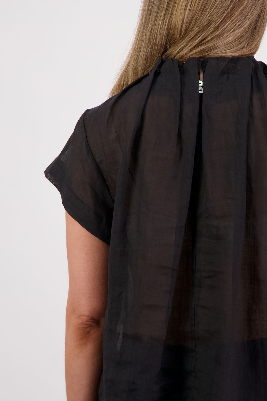 Briarwood NZ, Women's Short Sleeve Ramie Black Top with Pleated Neck