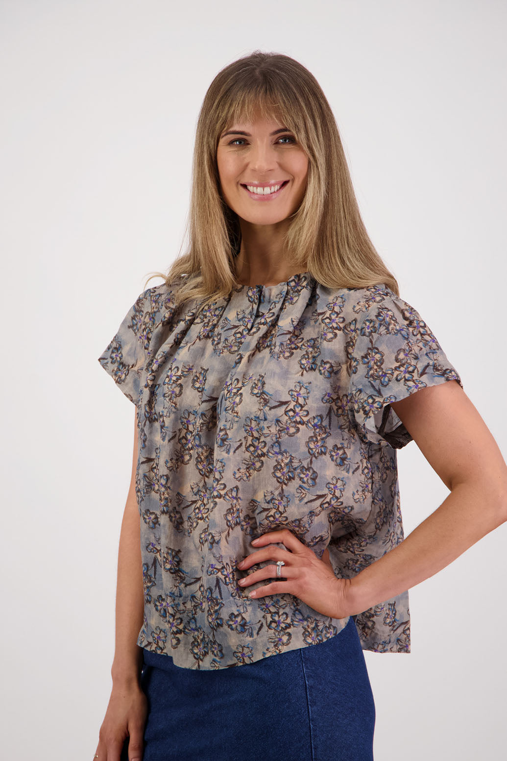 Briarwood NZ, Women's Short Sleeve Denim Daisy Top with Pleated Neck
