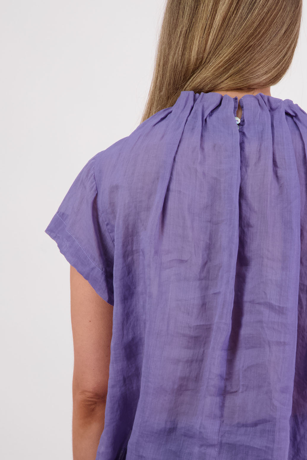 Briarwood NZ, Women's Short Sleeve Ramie Lavender Top with Pleated Neck -Pia