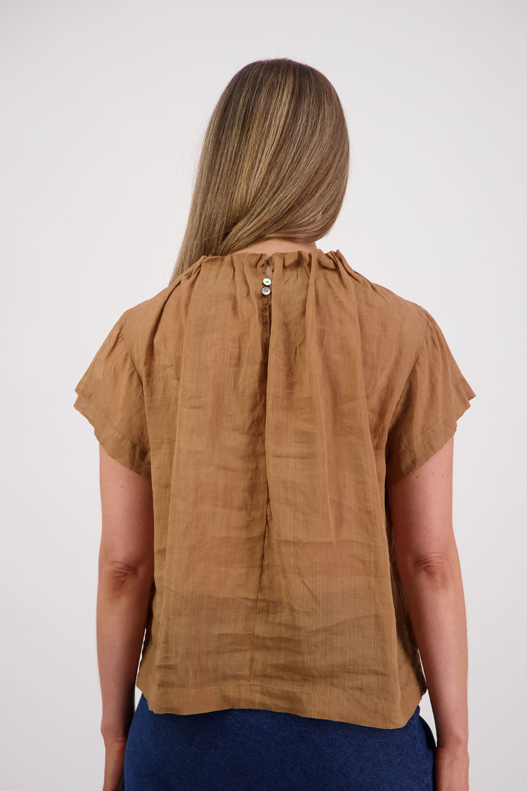 Briarwood NZ, Women's Short Sleeve Ramie Tan Top with Pleated Neck -Pia