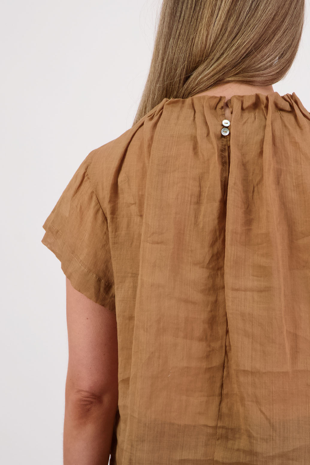 Briarwood NZ, Women's Short Sleeve Ramie Tan Top with Pleated Neck -Pia