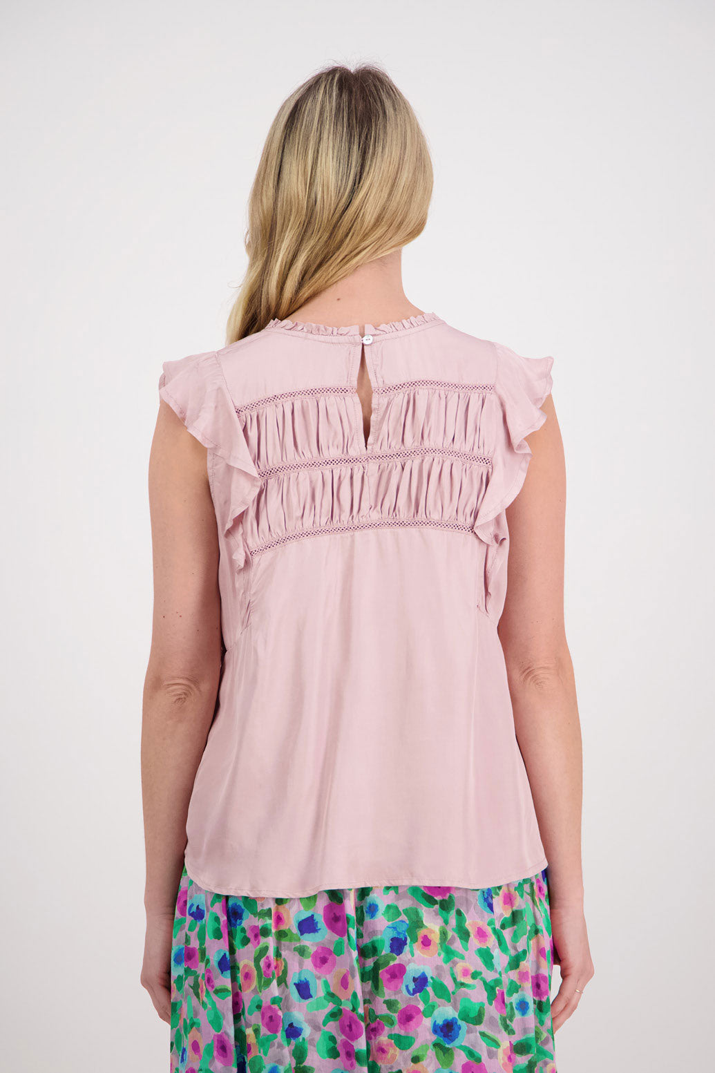 Pinkie Gathered and Lace Sleeveless Top - Pale Pink
