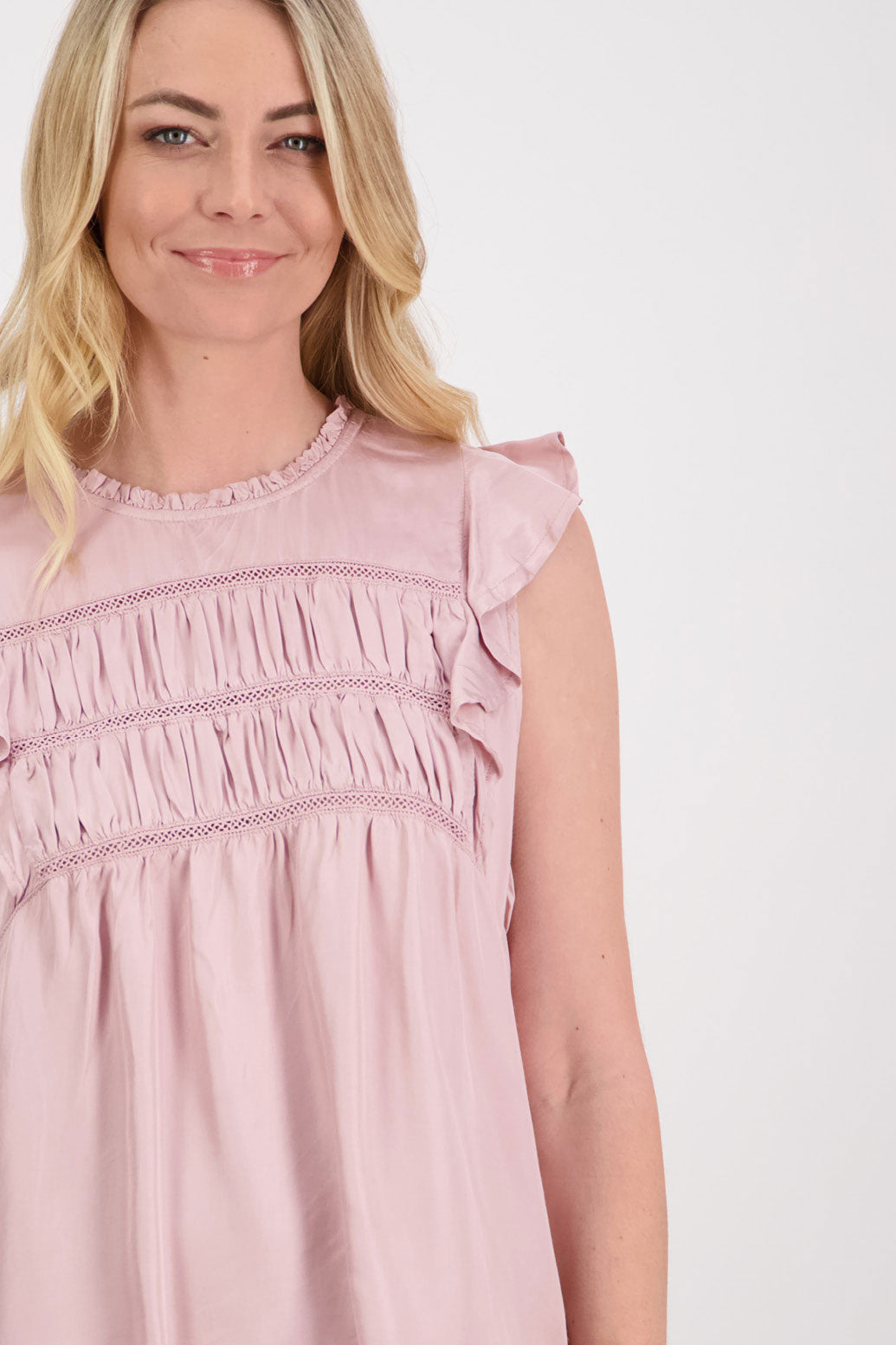 Pinkie Gathered and Lace Sleeveless Top - Pale Pink