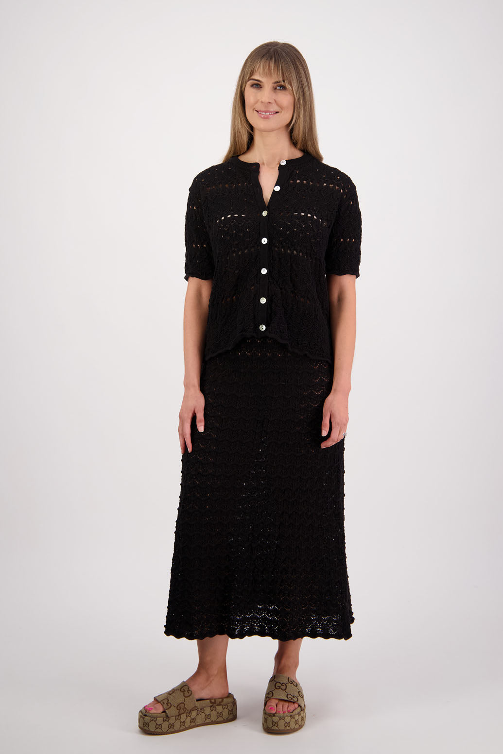 Womens cotton lace midi skirt. A Line with scalloped hem and elastic waist. Briarwood NZ. Pixie, Black