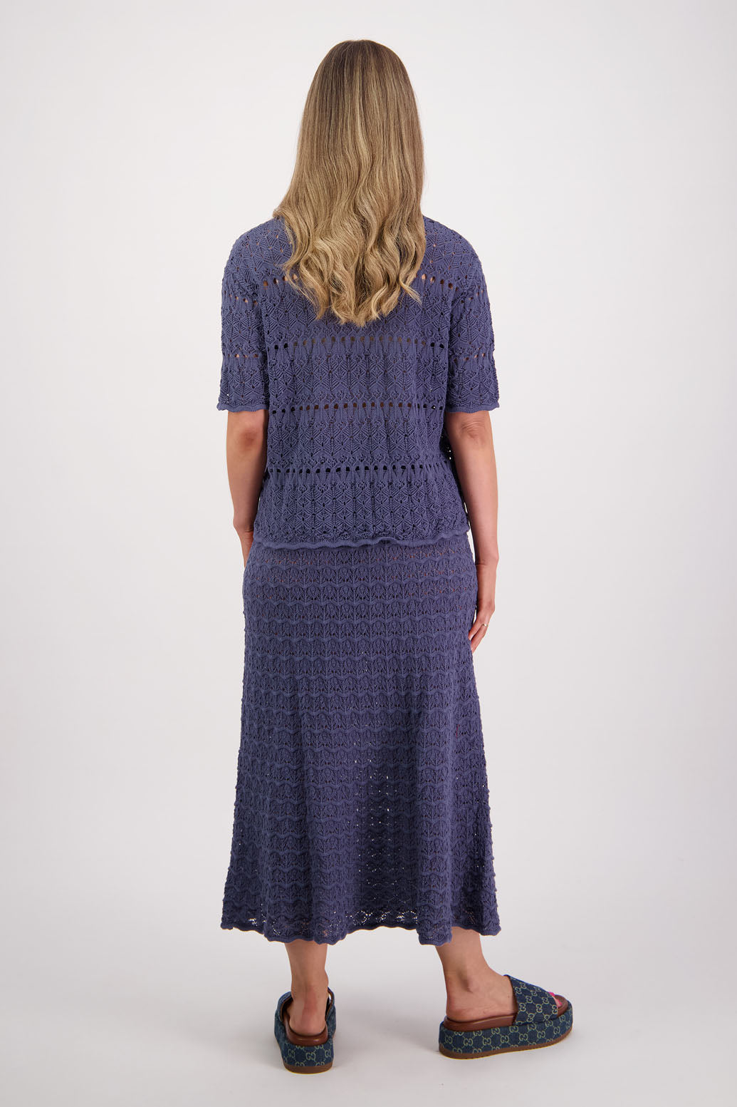 Womens cotton lace midi skirt. A Line with scalloped hem and elastic waist. Briarwood NZ. Pixie, Denim Blue