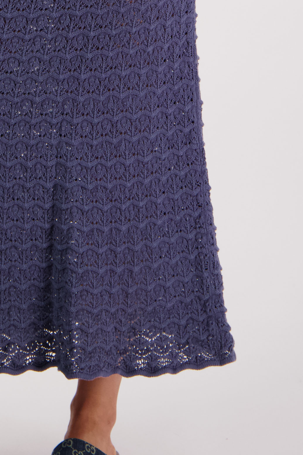 Womens cotton lace midi skirt. A Line with scalloped hem and elastic waist. Briarwood NZ. Pixie, Denim Blue