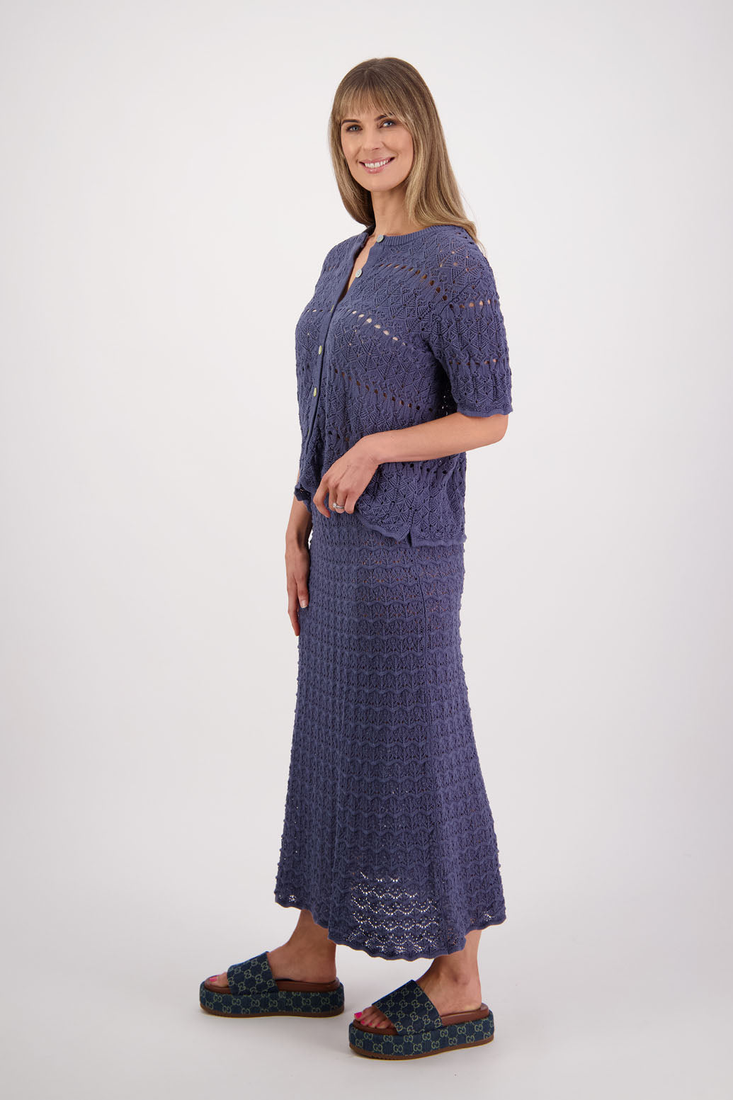 Womens cotton lace midi skirt. A Line with scalloped hem and elastic waist. Briarwood NZ. Pixie, Denim Blue