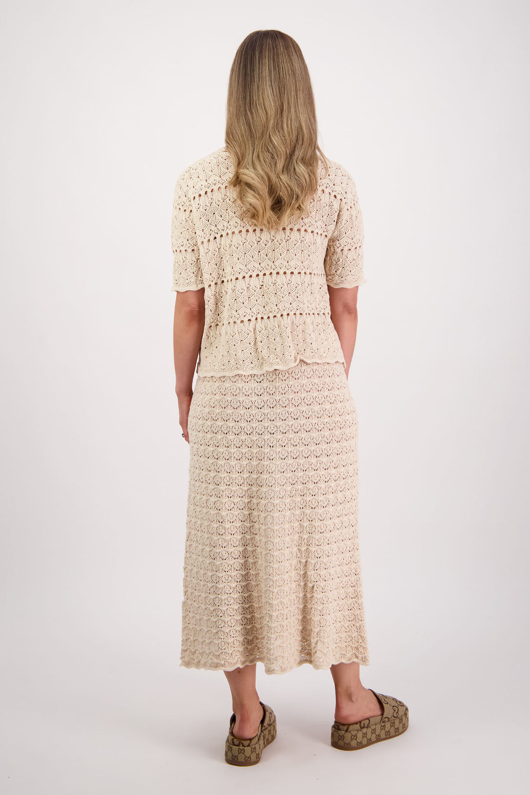 Womens cotton lace midi skirt. A Line with scalloped hem and elastic waist. Briarwood NZ. Pixie, Ivory