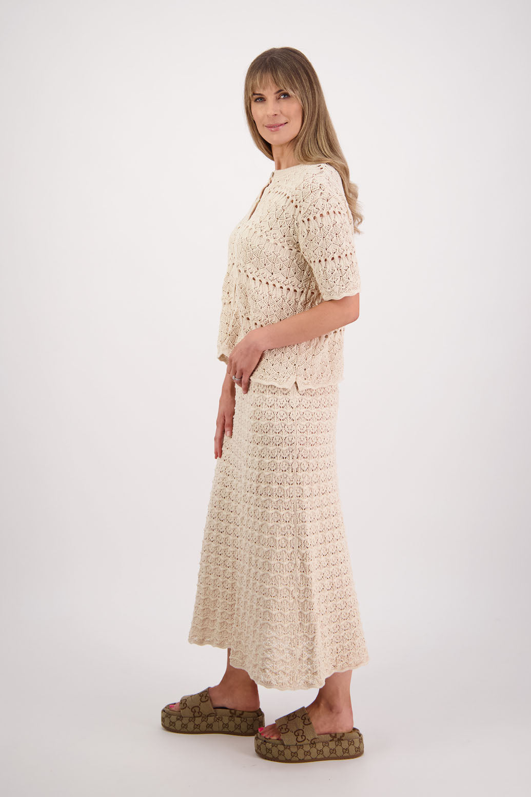 Womens cotton lace midi skirt. A Line with scalloped hem and elastic waist. Briarwood NZ. Pixie, Ivory