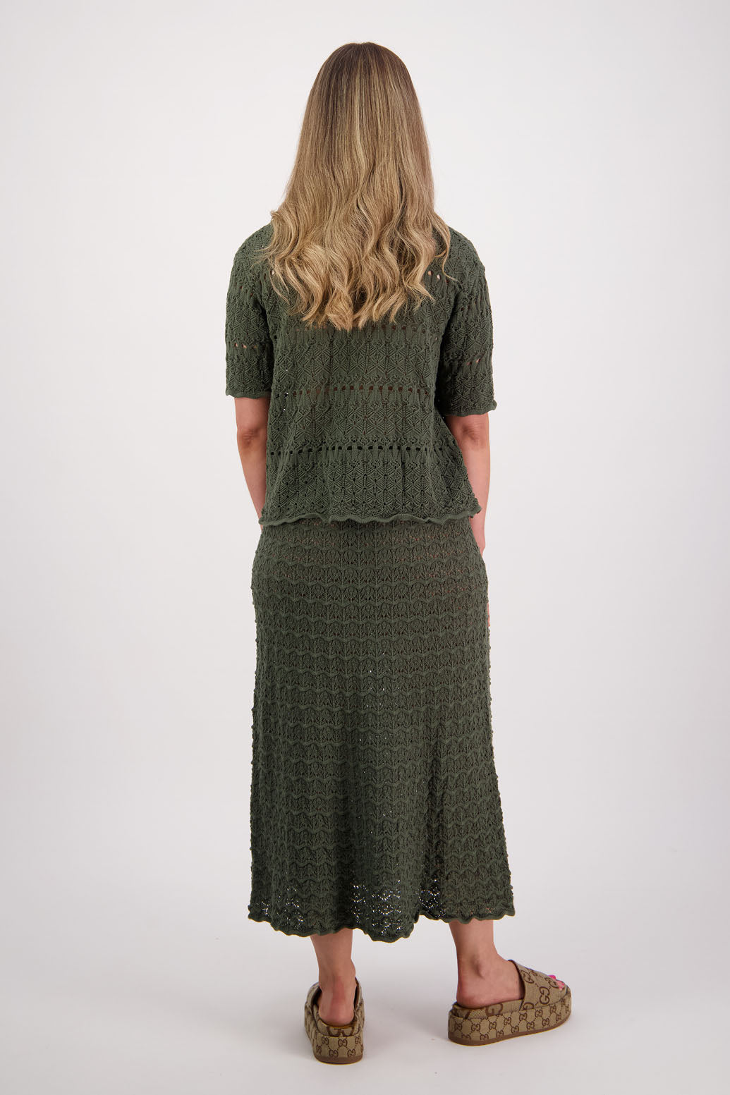 Womens cotton lace midi skirt. A Line with scalloped hem and elastic waist. Briarwood NZ. Pixie, Moss Green
