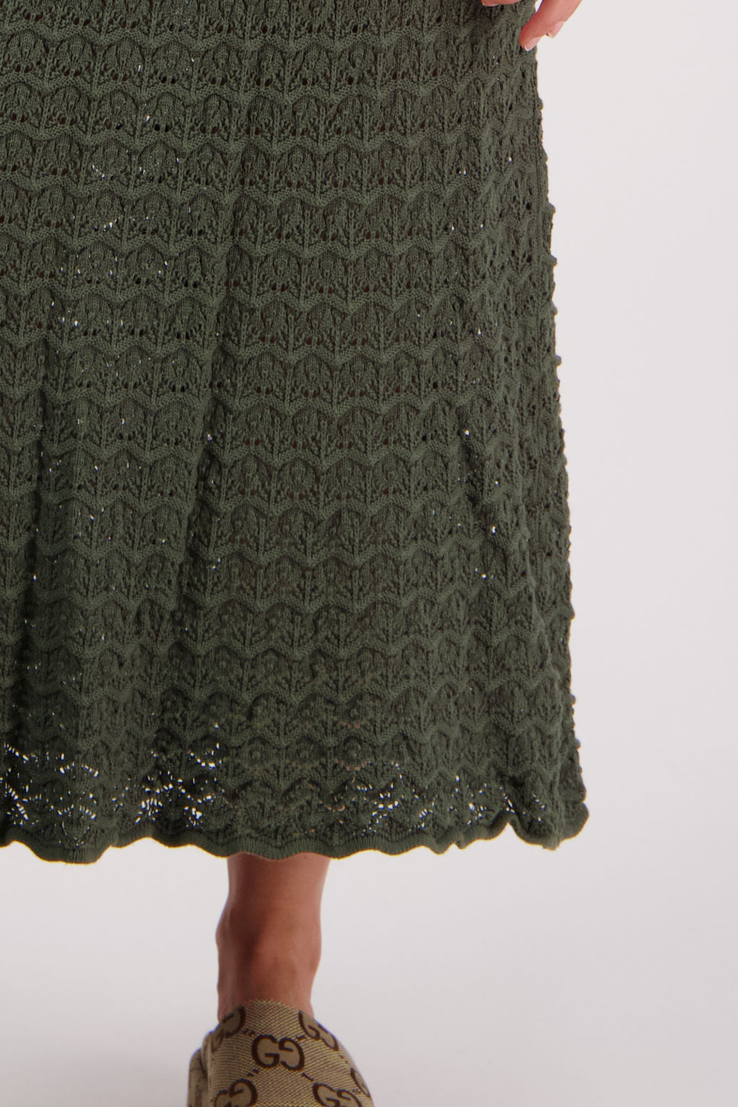 Womens cotton lace midi skirt. A Line with scalloped hem and elastic waist. Briarwood NZ. Pixie, Moss Green