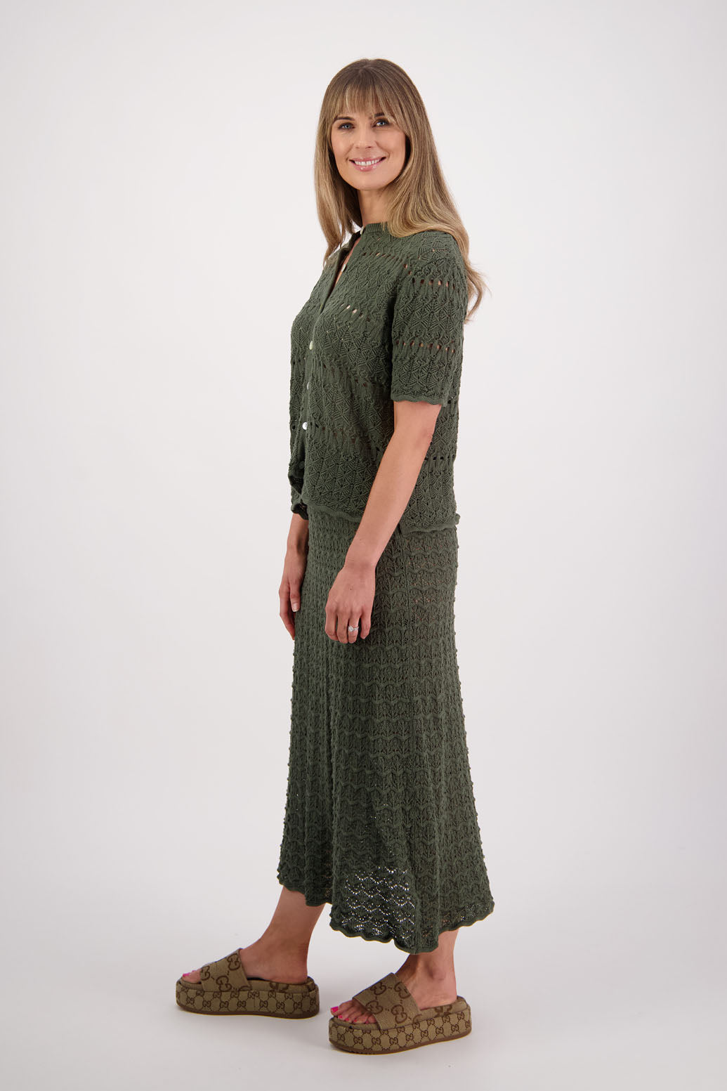 Womens cotton lace midi skirt. A Line with scalloped hem and elastic waist. Briarwood NZ. Pixie, Moss Green