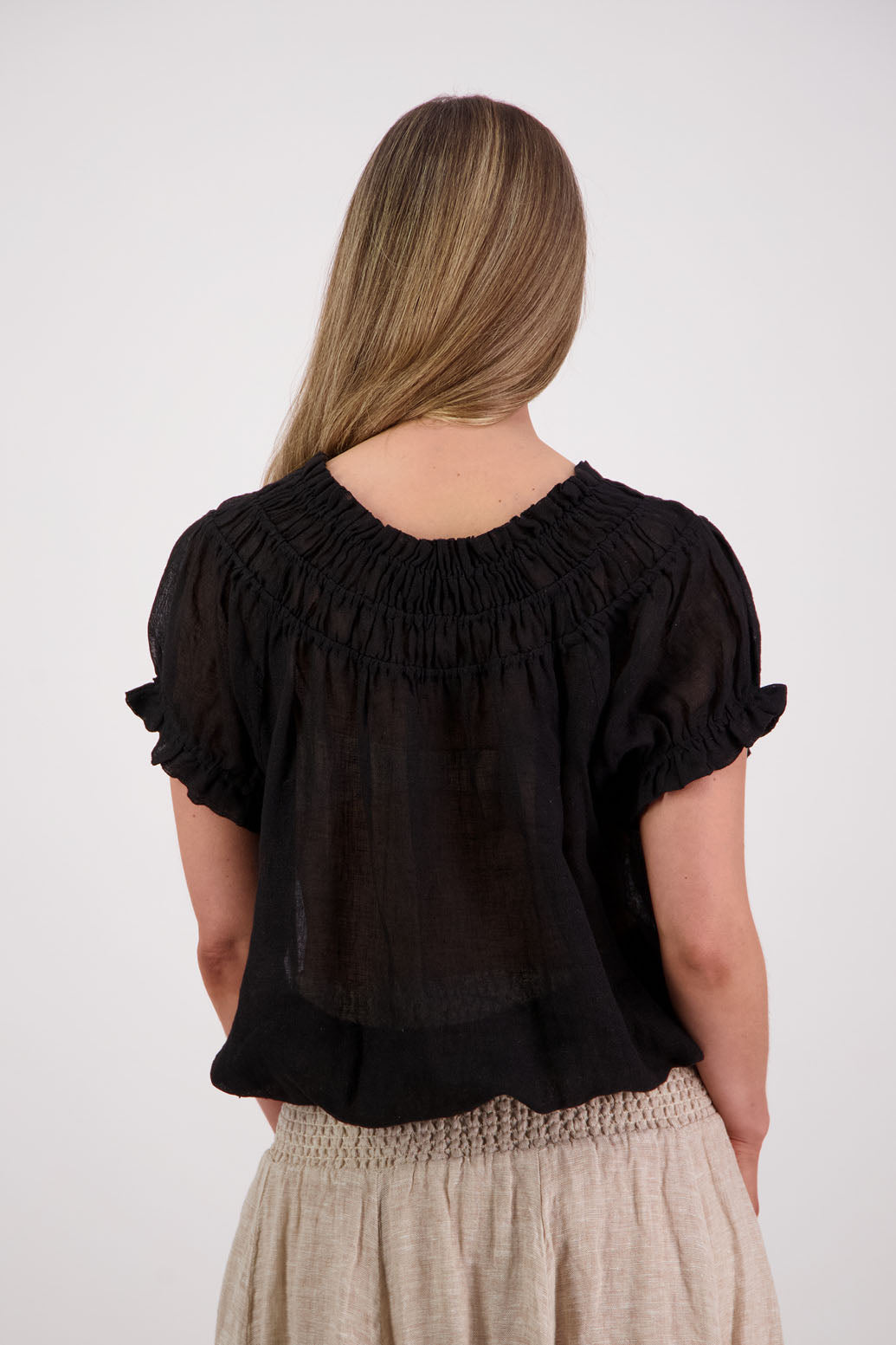 Womens short sleeve linen top with shirred neck and ruffle sleeve. Briarwood NZ. Polly, Black