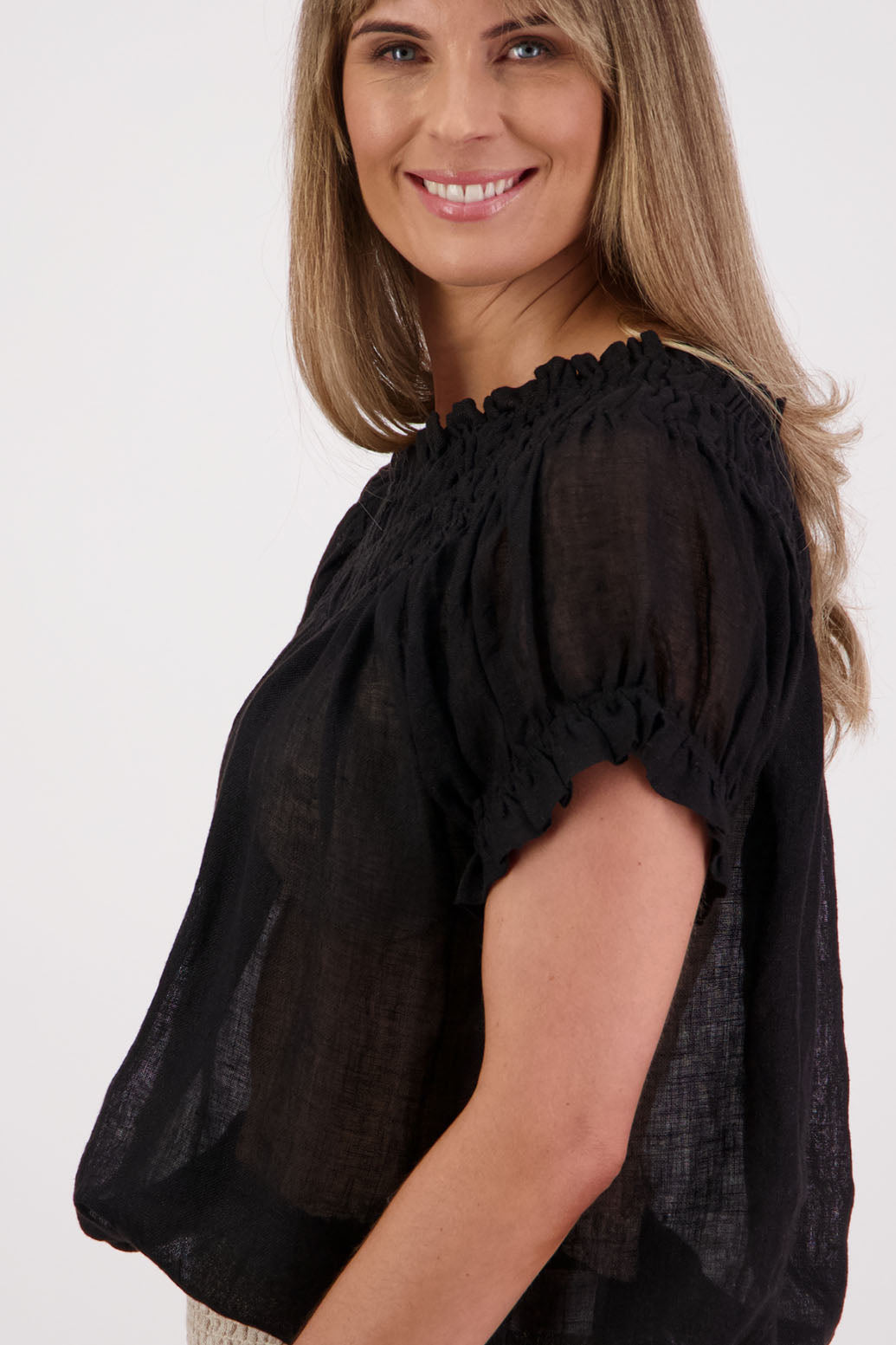 Womens short sleeve linen top with shirred neck and ruffle sleeve. Briarwood NZ. Polly, Black