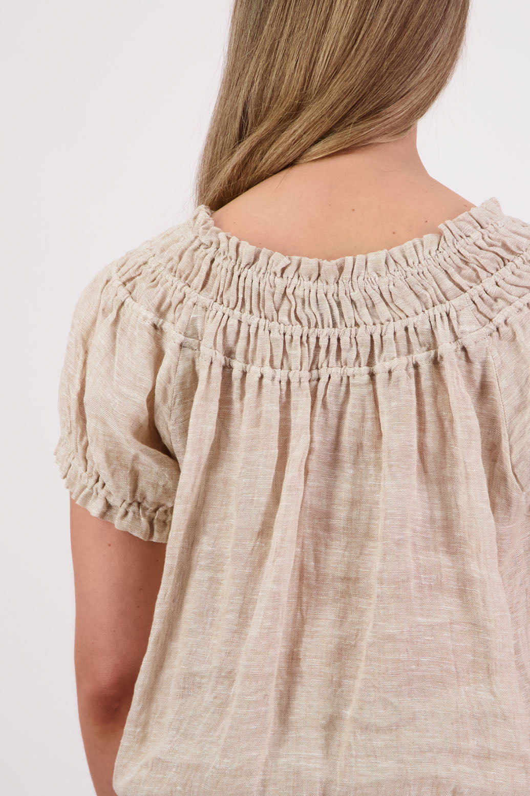 Womens short sleeve linen top with shirred neck and ruffle sleeve. Briarwood NZ. Polly, Natural