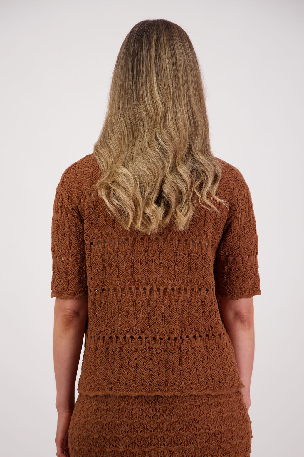 Womens knitted cotton lace short sleeve cardigan with shaped hem and scalloped edging. Briarwood NZ. Posy, Tan