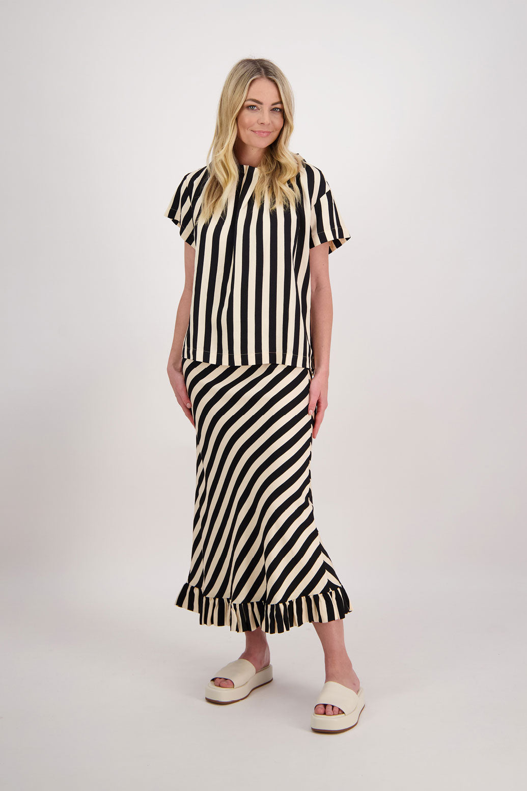 Priscilla Bias Cut Skirt with Frill - Black/Vanilla Stripe
