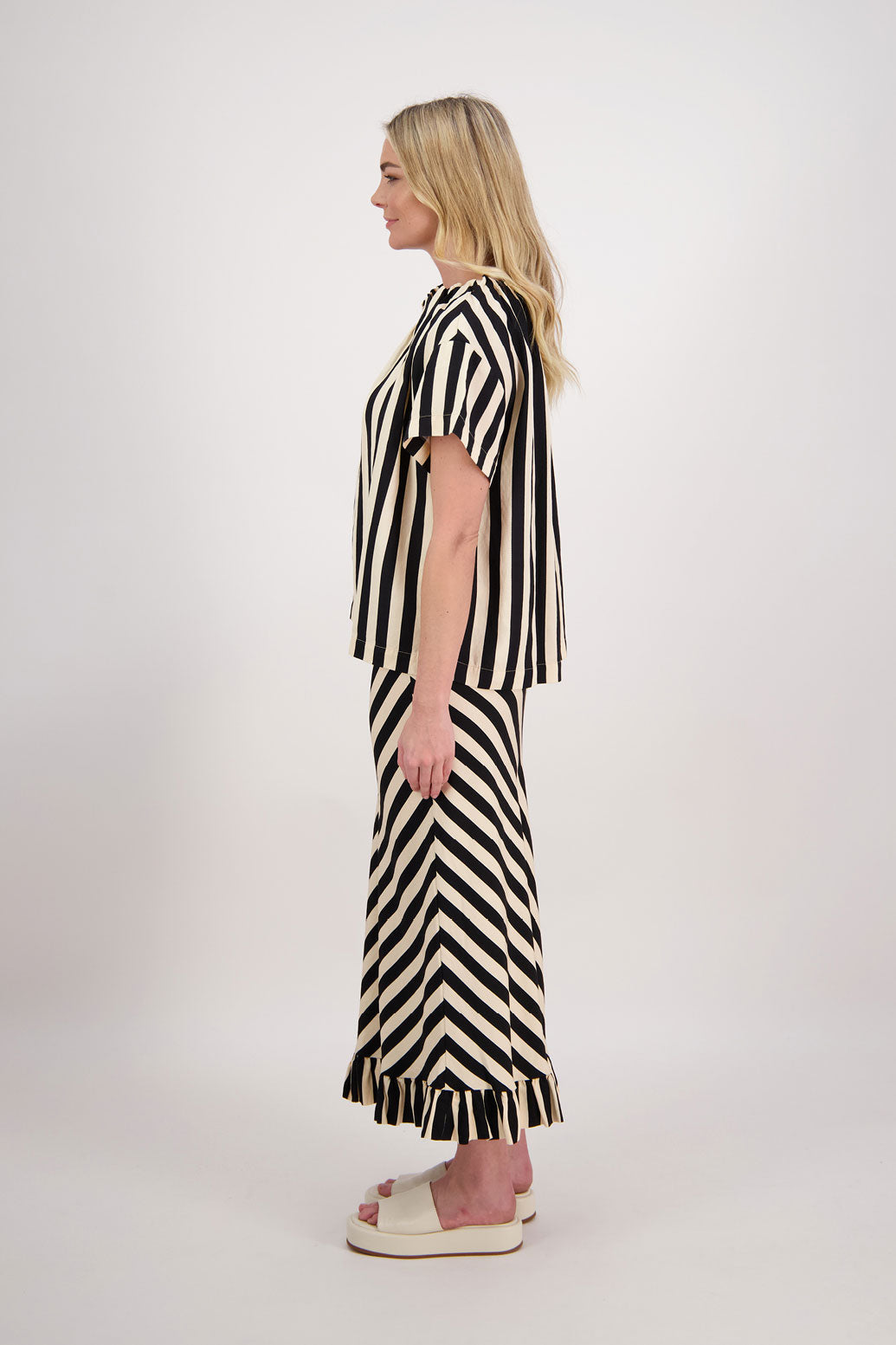 Priscilla Bias Cut Skirt with Frill - Black/Vanilla Stripe