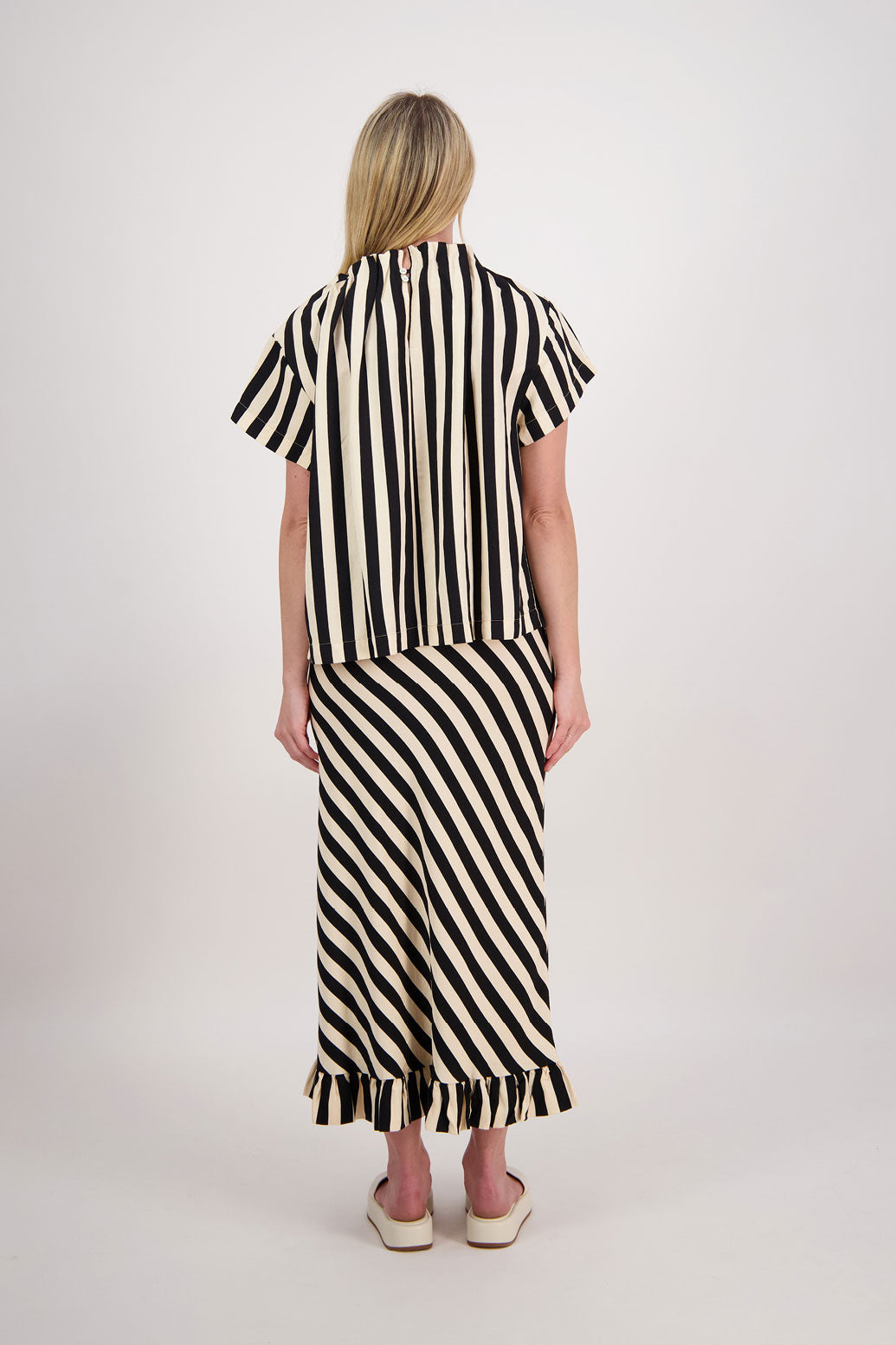 Priscilla Bias Cut Skirt with Frill - Black/Vanilla Stripe