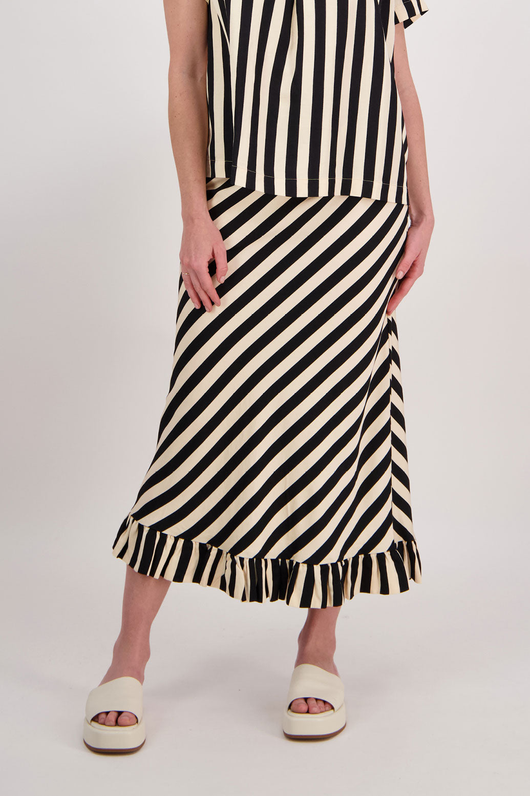 Priscilla Bias Cut Skirt with Frill - Black/Vanilla Stripe
