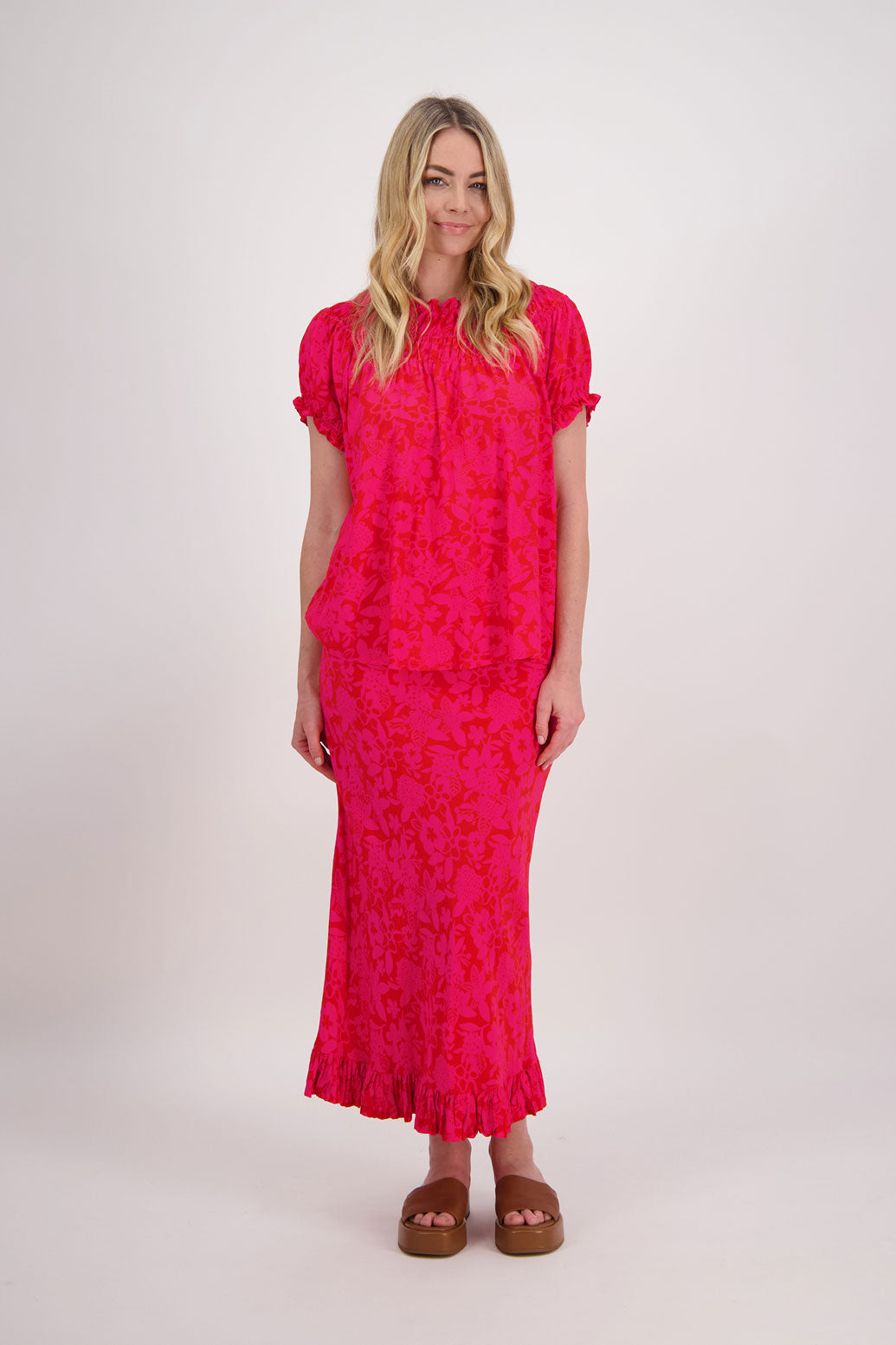Priscilla Double Frill Bias Cut Skirt - Pink/Red Floral