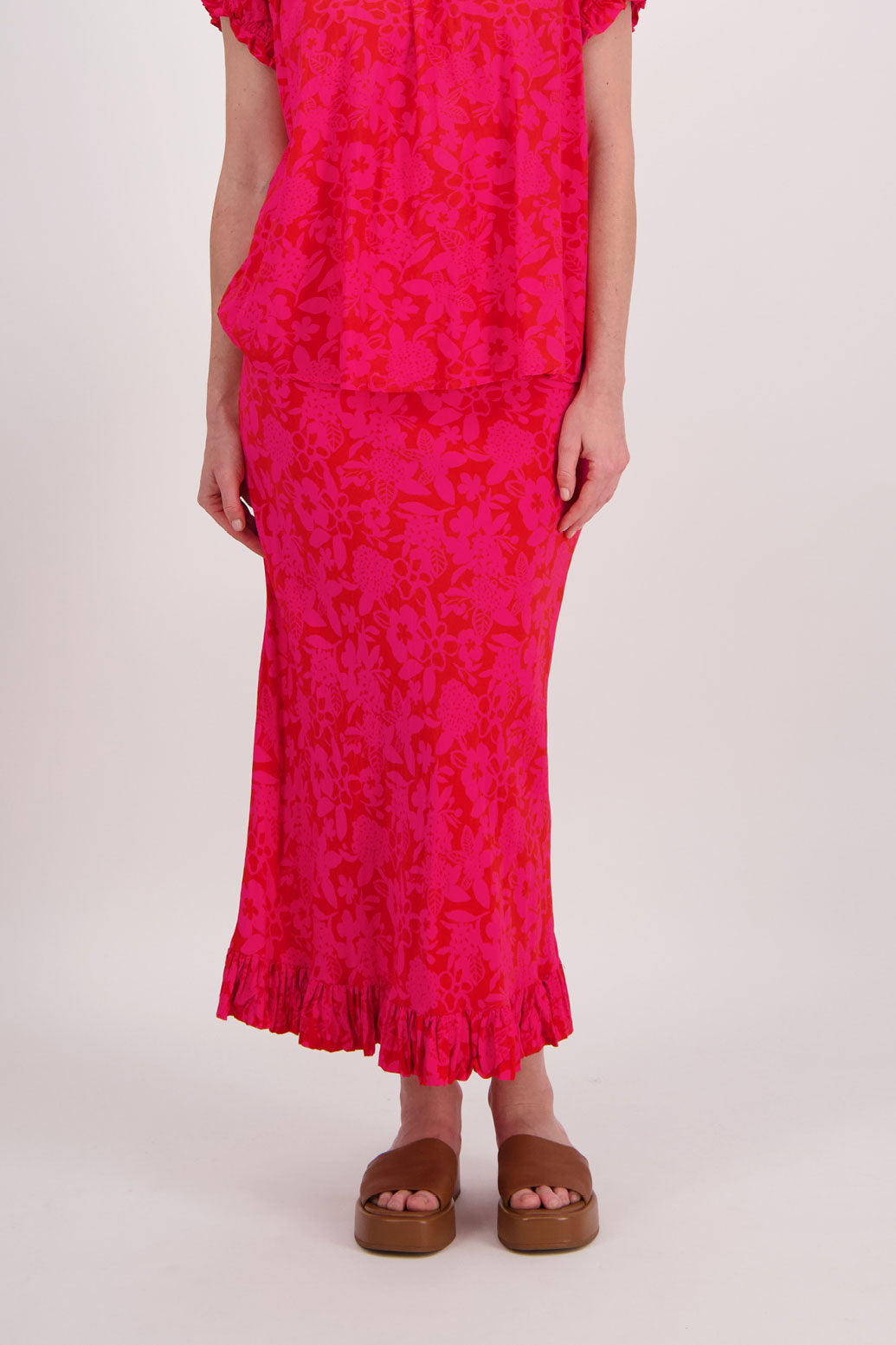 Priscilla Double Frill Bias Cut Skirt - Pink/Red Floral