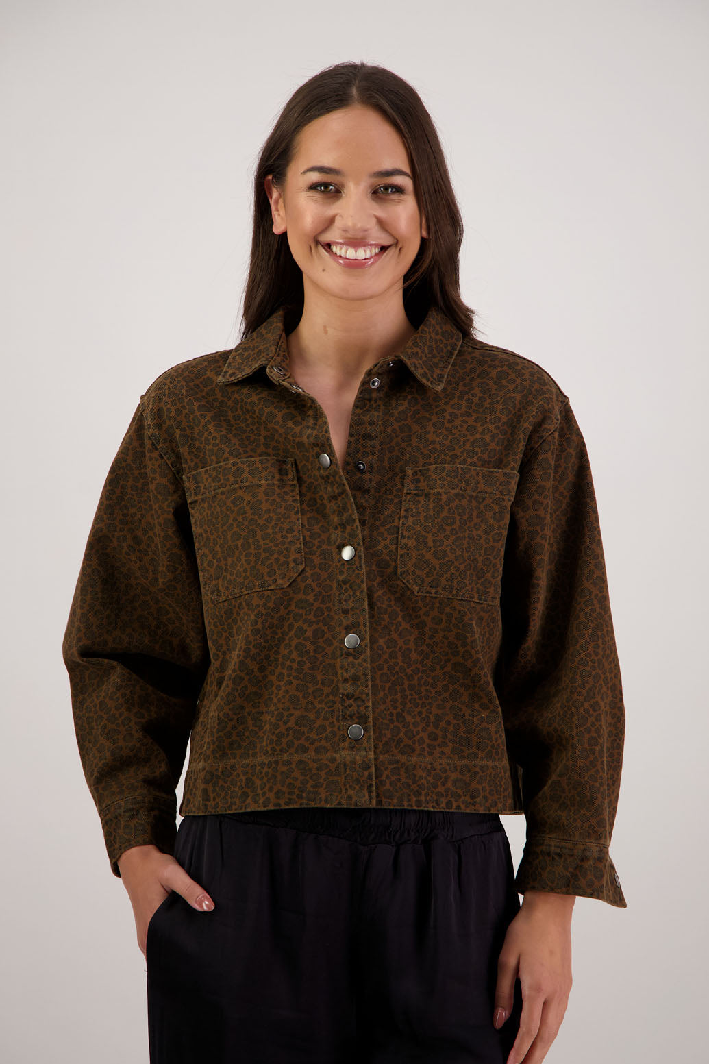 Raff Denim Jacket in Tan Animal by Briarwood NZ. 100% cotton denim jacket style, pleats in back, dome closure, front pockets, collar